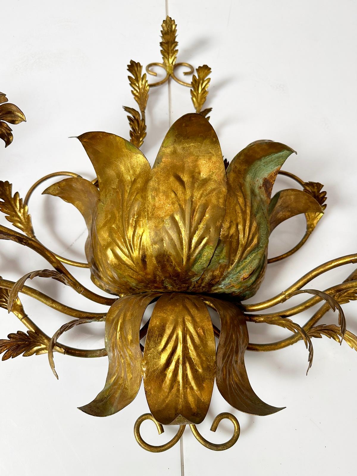 Six-Light Italian Gilt Tole Metal Sconce, Italy 1970's In Fair Condition For Sale In Los Angeles, CA