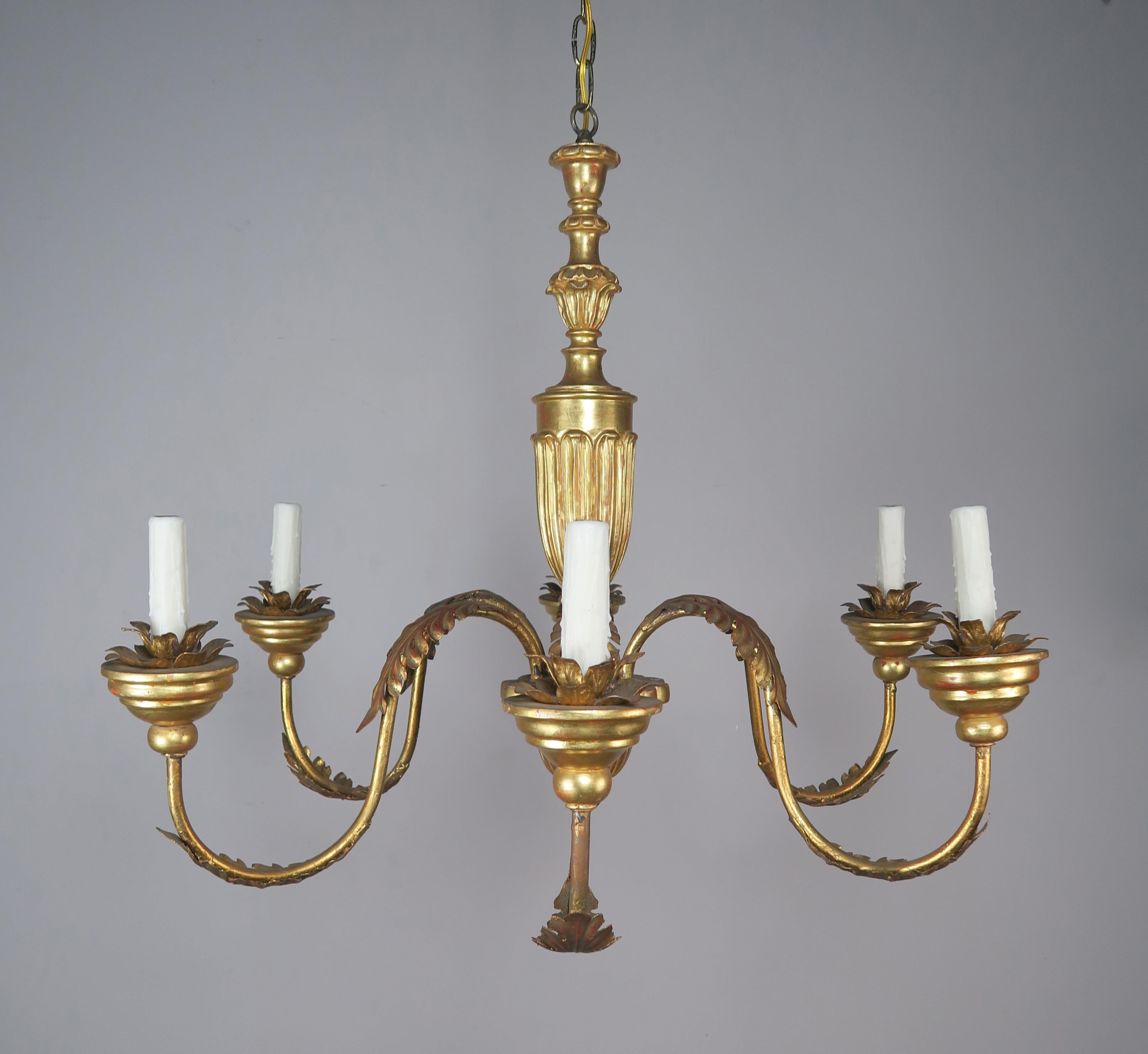 Six-light Italian 22-karat giltwood and metal chandelier with acanthus leaf metal detailing and fluted center column.