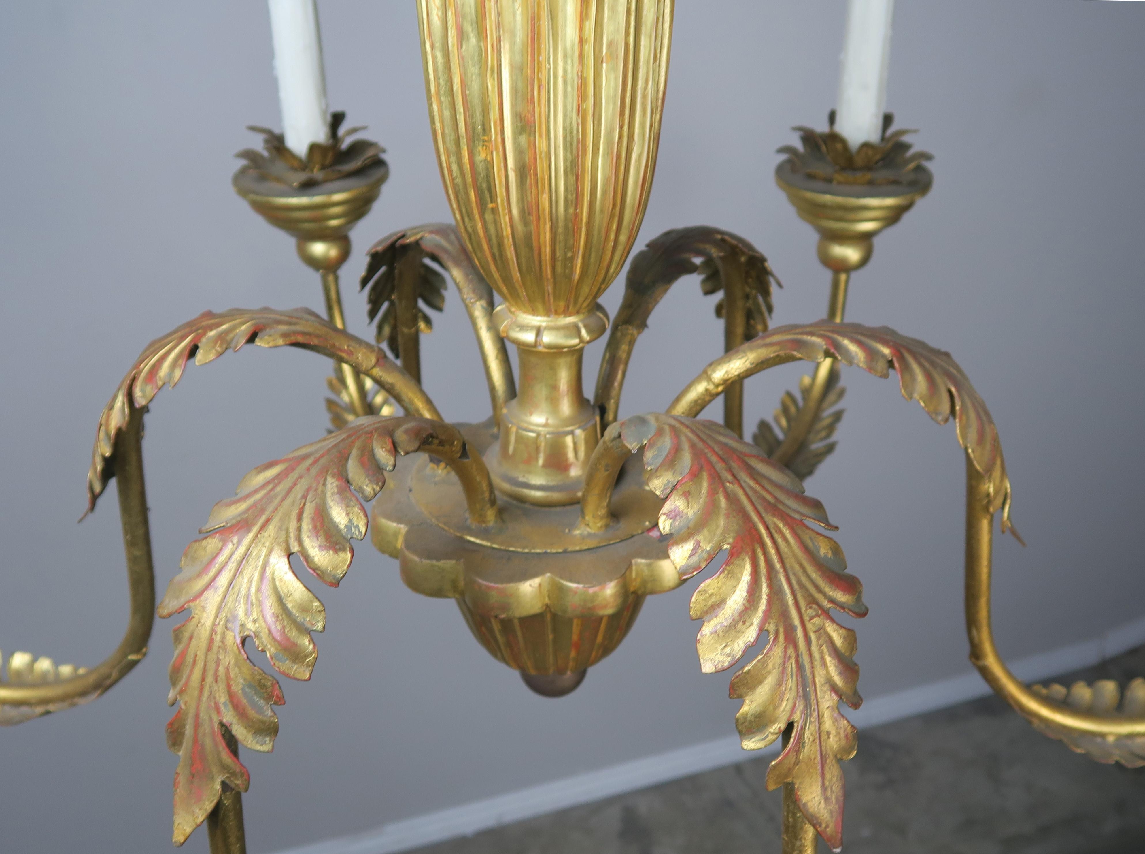 Six-Light Italian Gilt Wood and Metal Chandelier In Excellent Condition In Los Angeles, CA