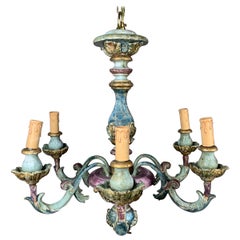 Six-Light Italian Painted Wood and Metal Chandelier Vintage Six-Light Italian Painted Wood and Metal Chandelier