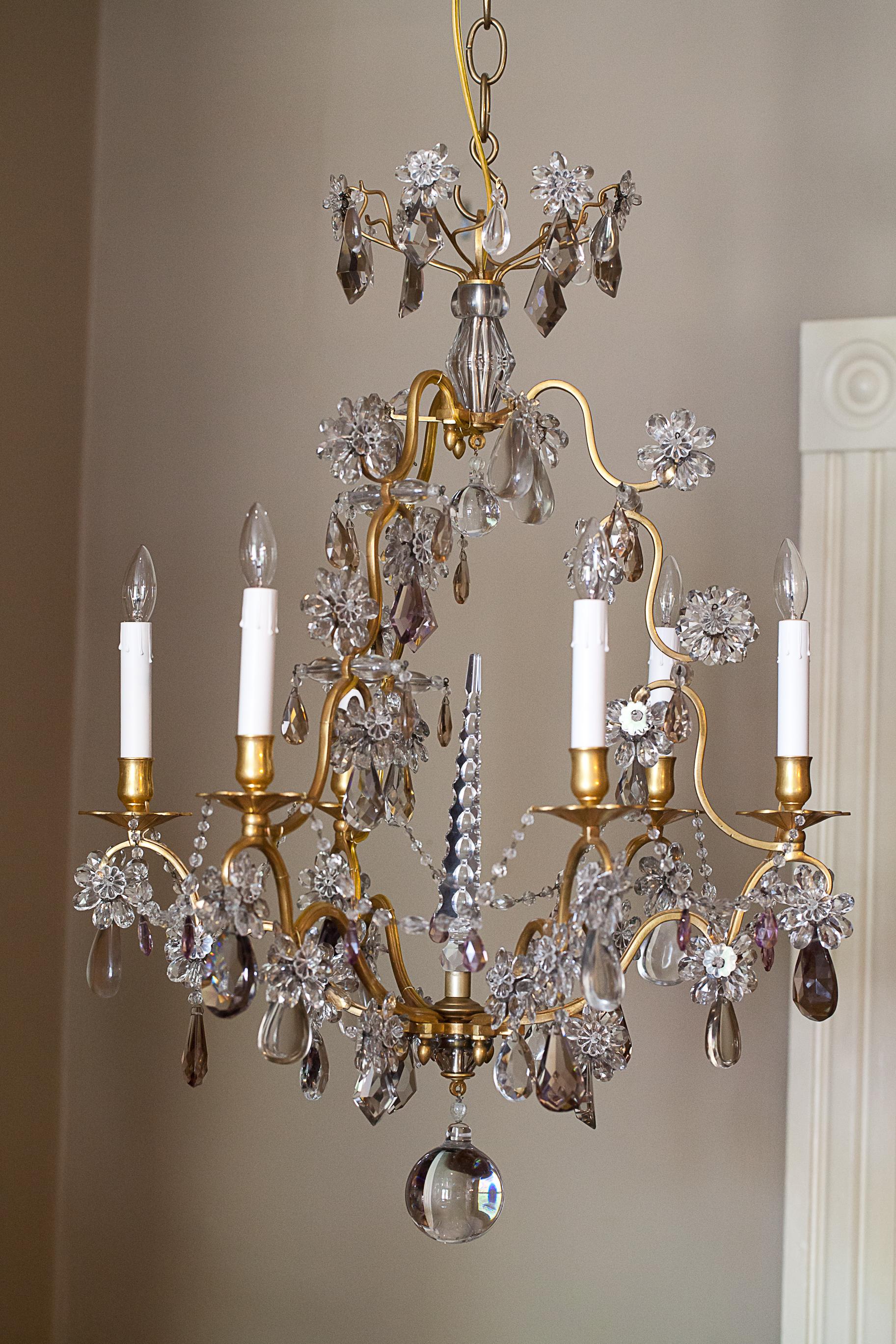 Six-Light Louis XV Style Bronze and Crystal Chandelier, France, circa 1930 In Good Condition In Alexandria, VA