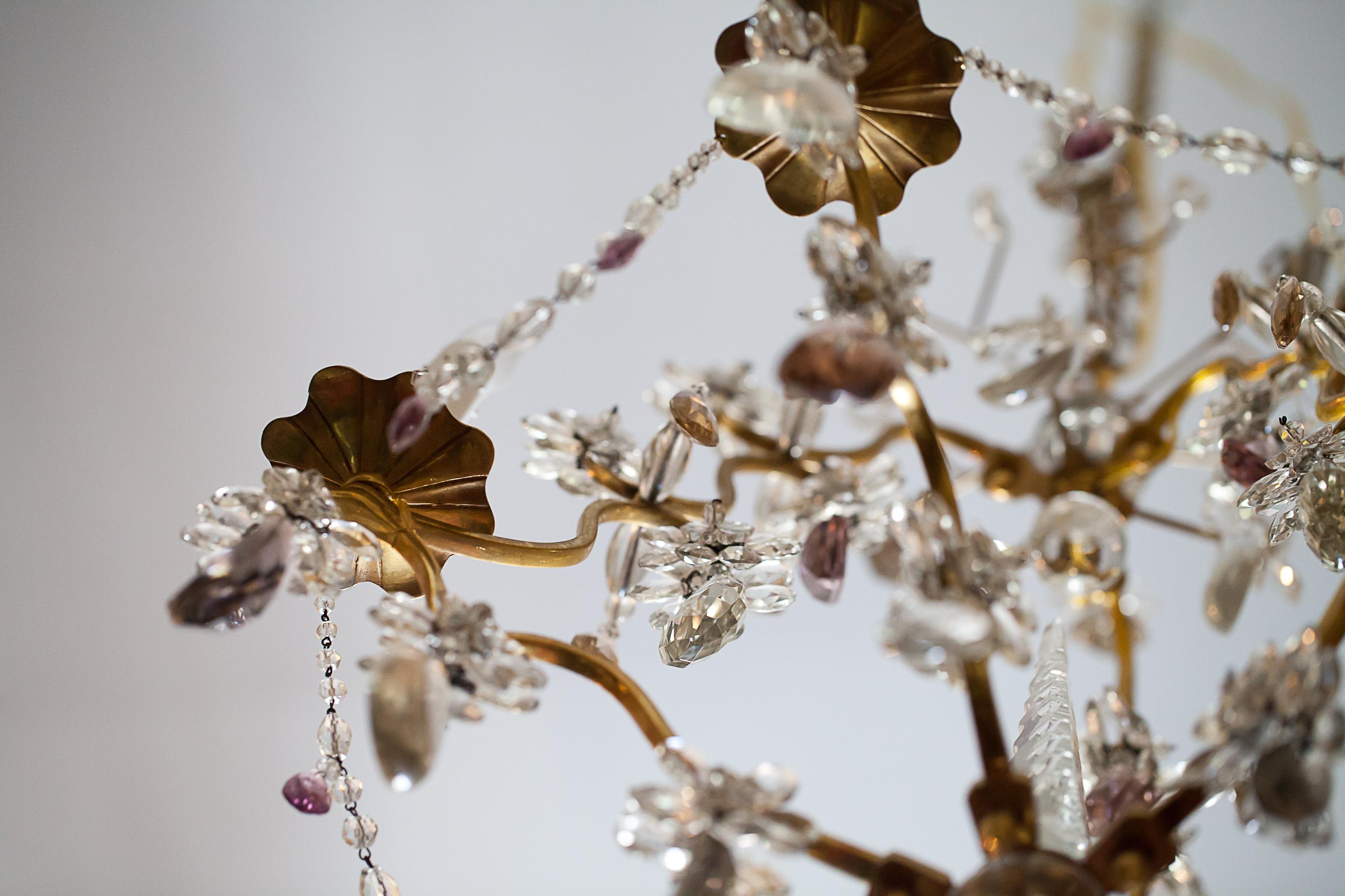 Brass Six-Light Louis XV Style Bronze and Crystal Chandelier, France, circa 1930