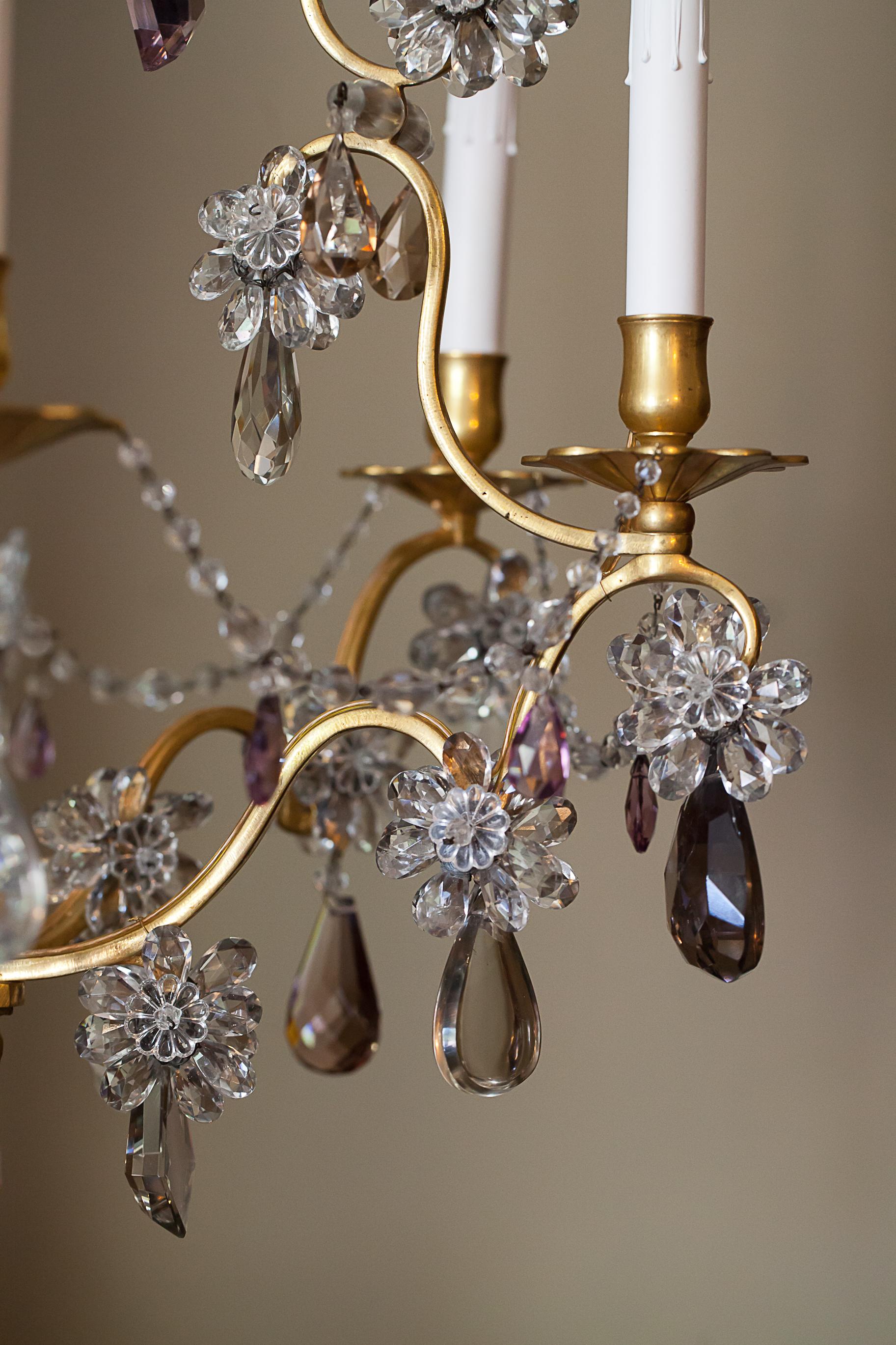 Six-Light Louis XV Style Bronze and Crystal Chandelier, France, circa 1930 3