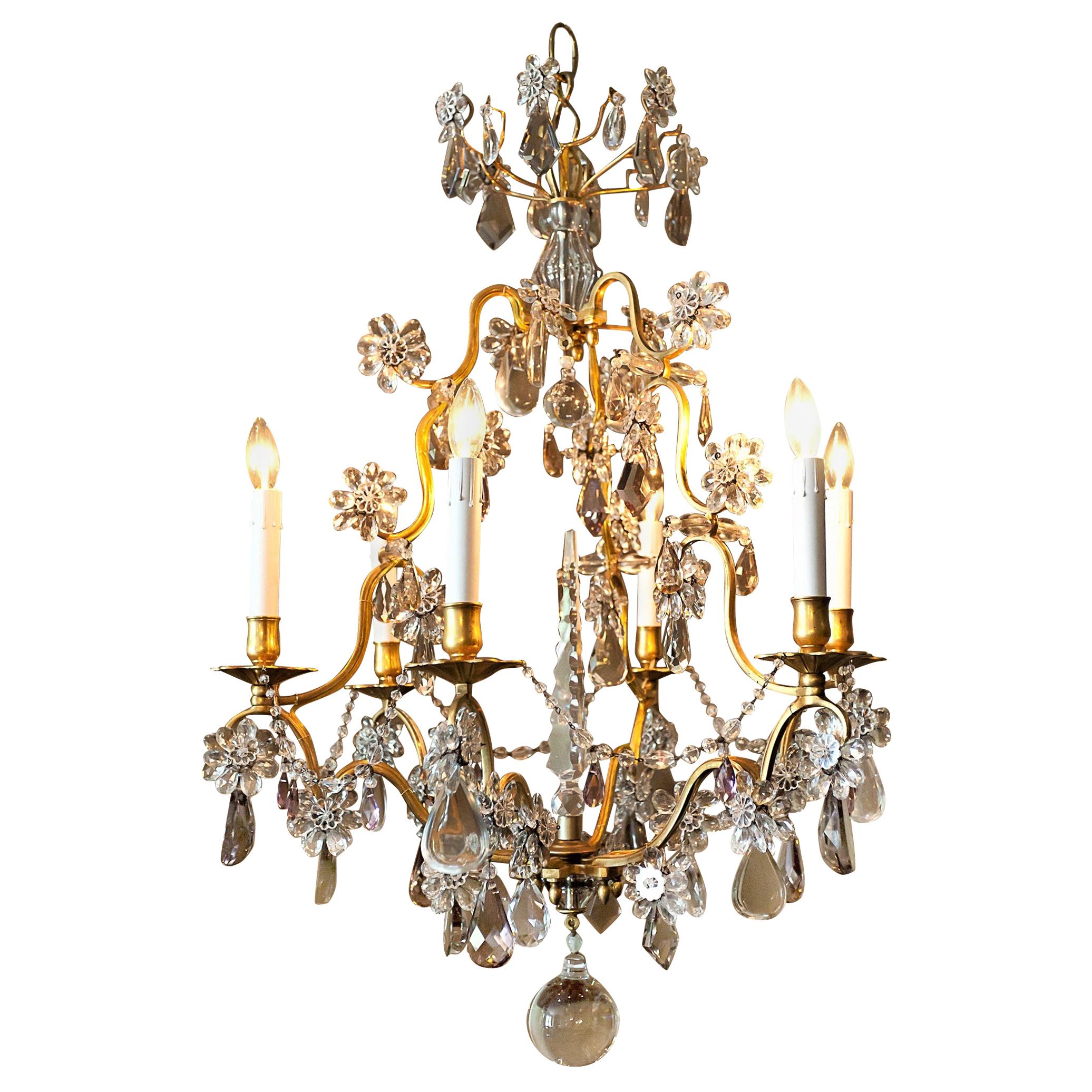 Six-Light Louis XV Style Bronze and Crystal Chandelier, France, circa 1930