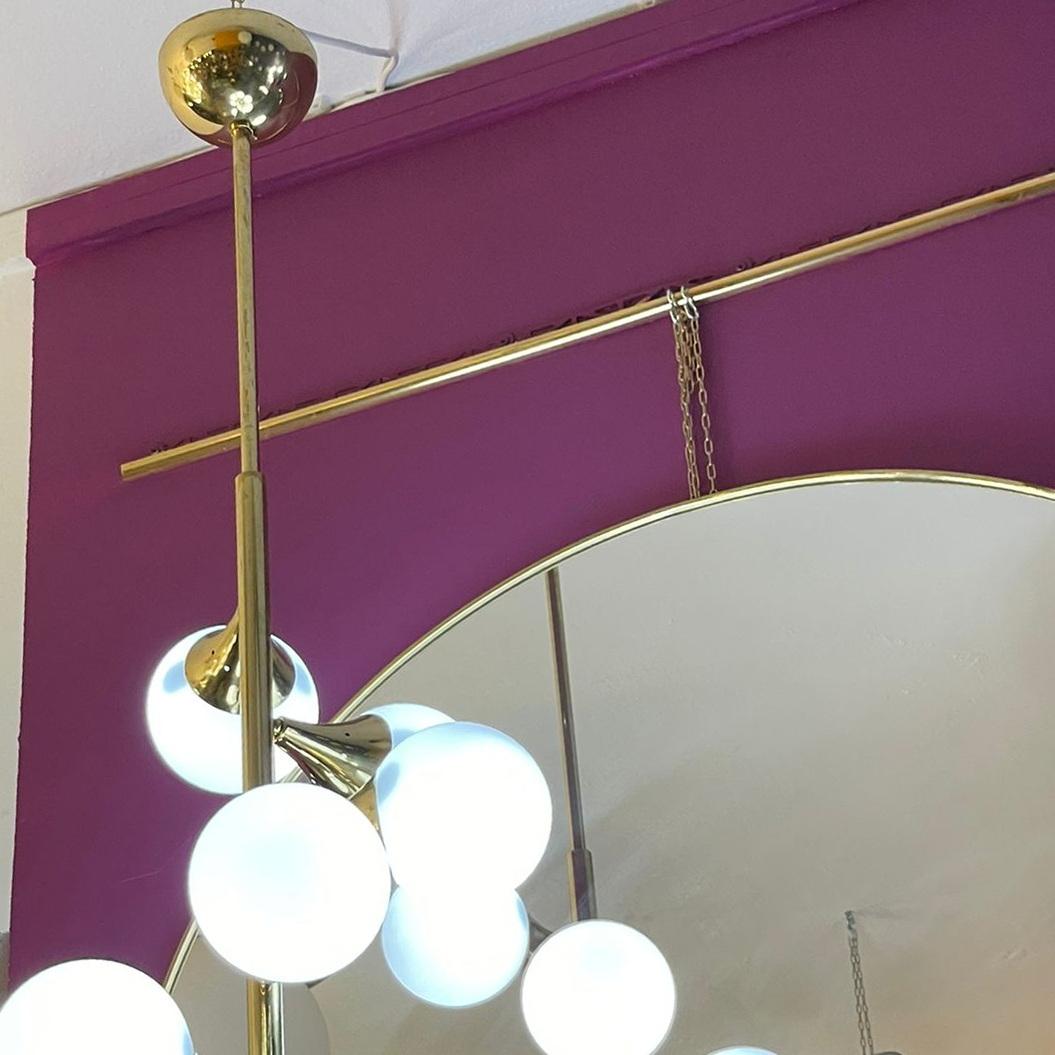 Mid-Century Modern Italian Modern Pendant in Brass and Opaline Glass with 6 Lights, Stilnovo Style For Sale