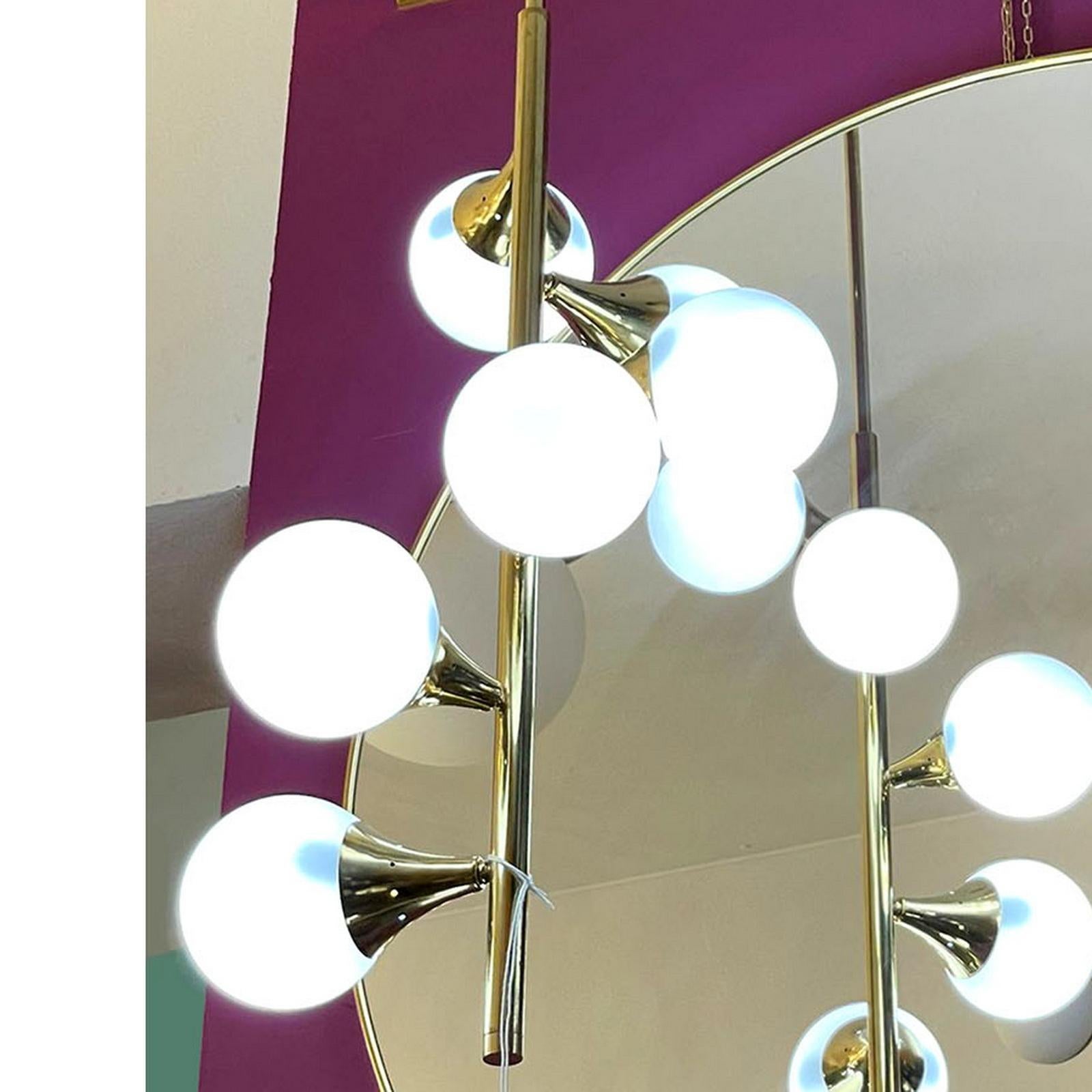 Hand-Crafted Italian Modern Pendant in Brass and Opaline Glass with 6 Lights, Stilnovo Style For Sale