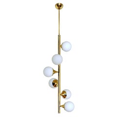 Italian Modern Pendant in Brass and Opaline Glass with 6 Lights, Stilnovo Style
