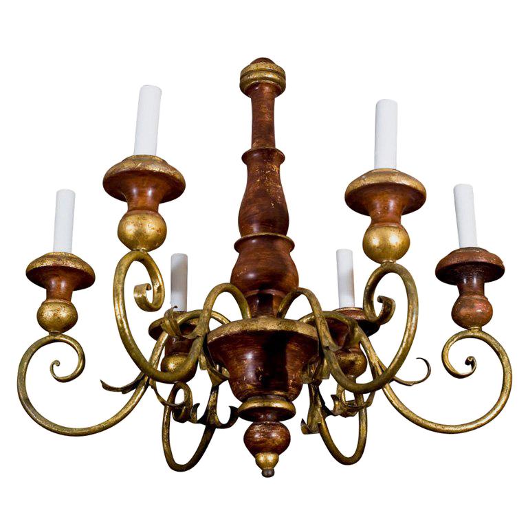 Six light painted wood and iron chandelier