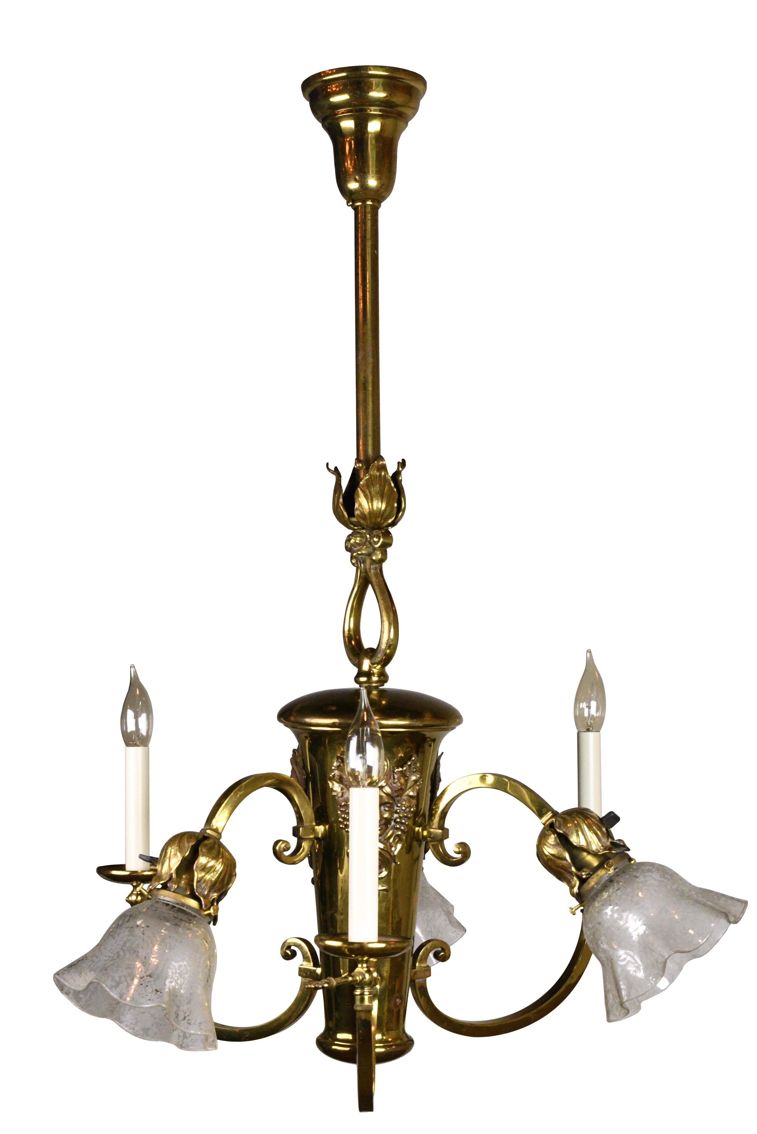 Glass Six-Light Polished Brass Chandelier with Cameos