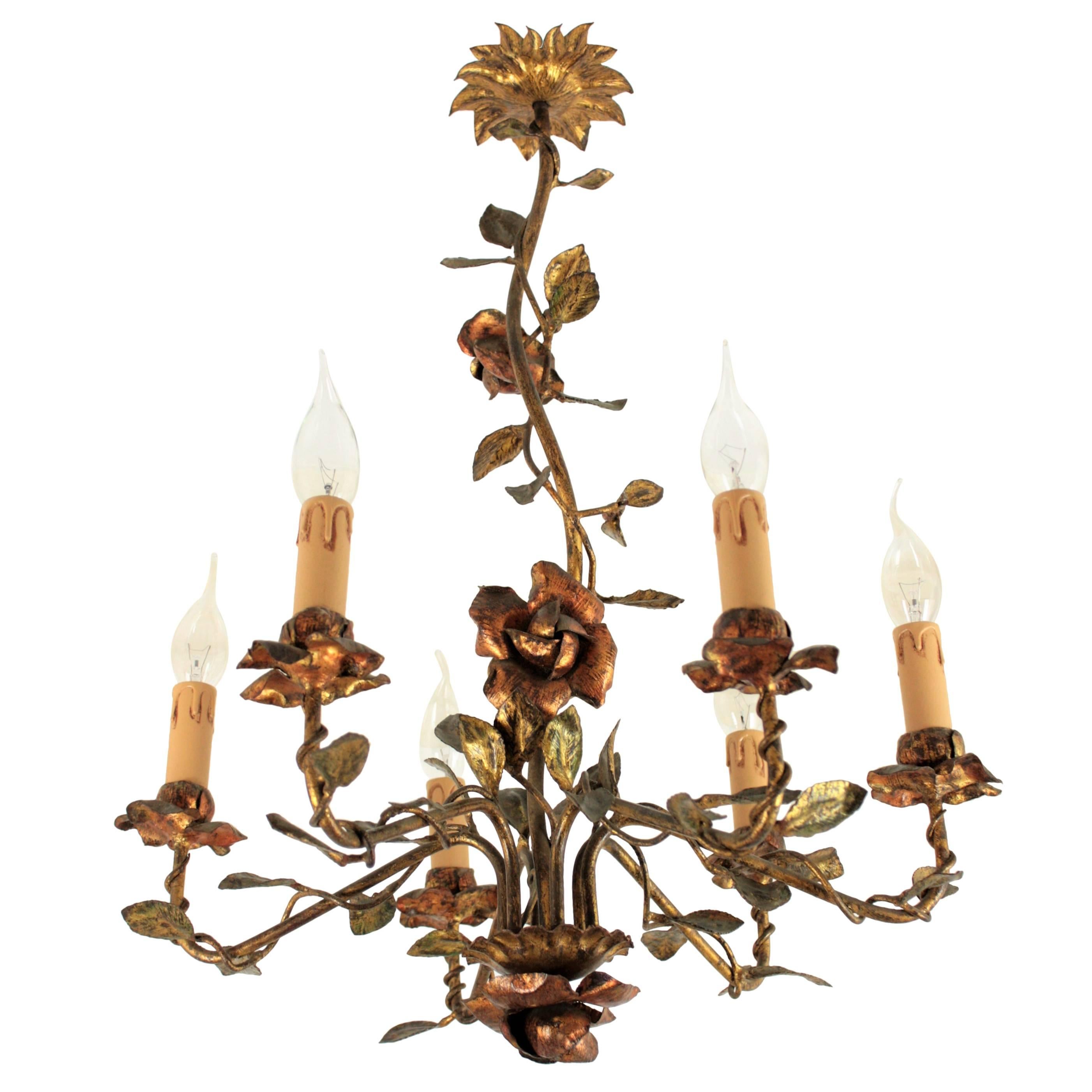 Hollywood Regency Spanish Floral Tole Chandelier in Gilt Iron, 1940s For Sale