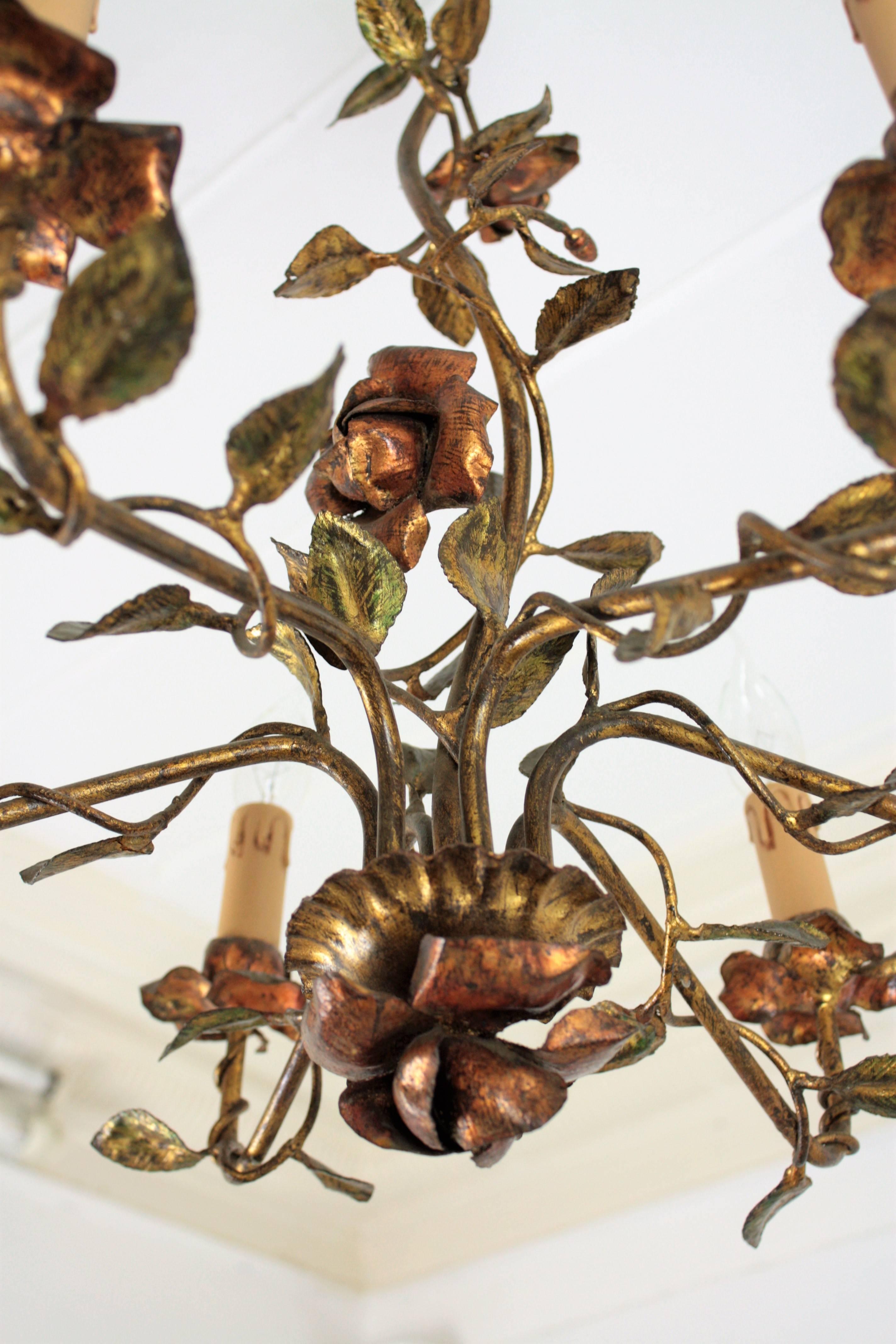 Gold Leaf Spanish Floral Tole Chandelier in Gilt Iron, 1940s For Sale
