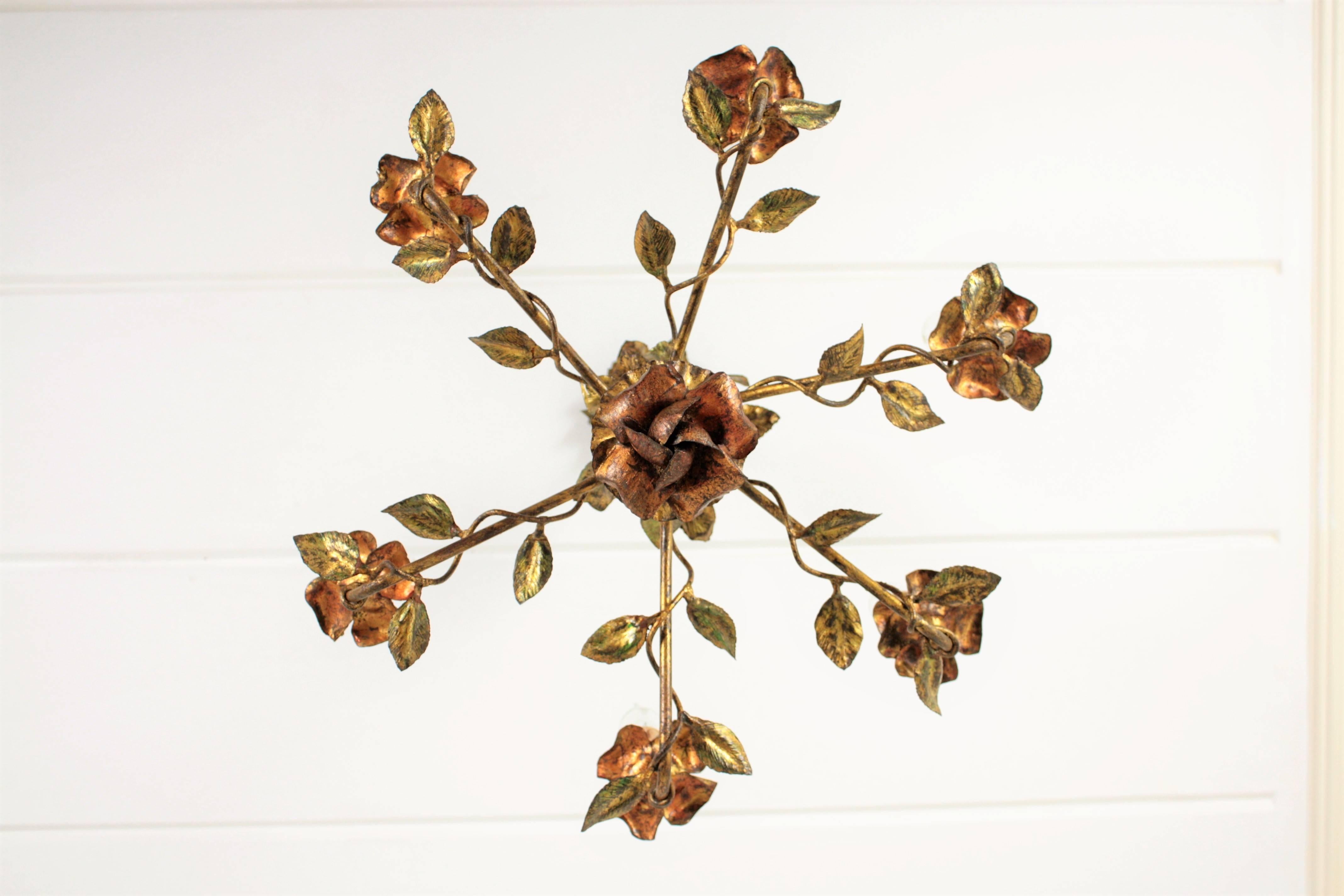 Spanish Floral Tole Chandelier in Gilt Iron, 1940s For Sale 2