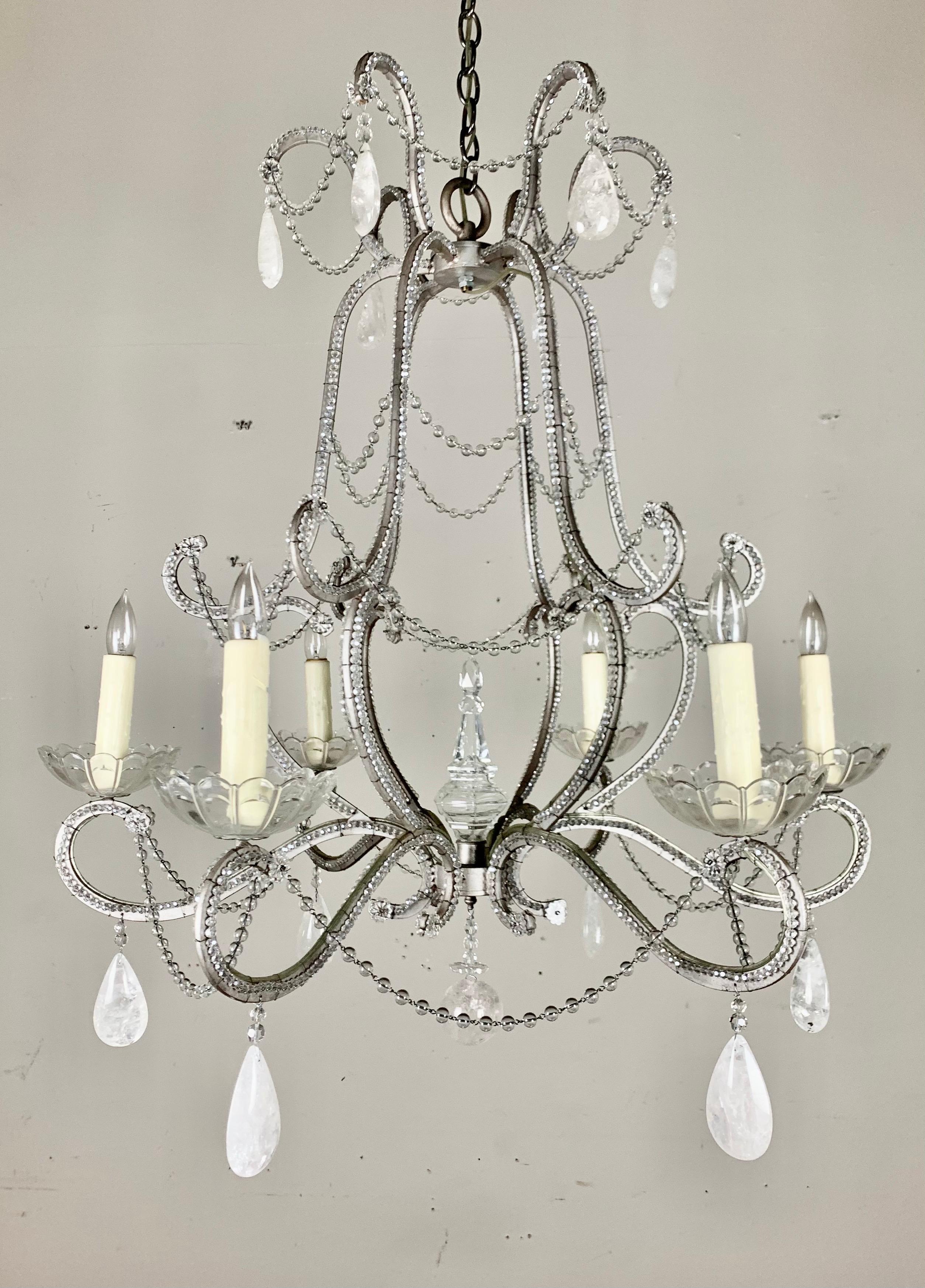 Six Light Rock Crystal Beaded Silvered Metal Chandelier 8