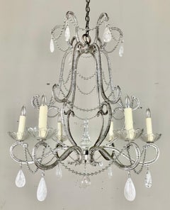 Six Light Rock Crystal Beaded Silvered Metal Chandelier