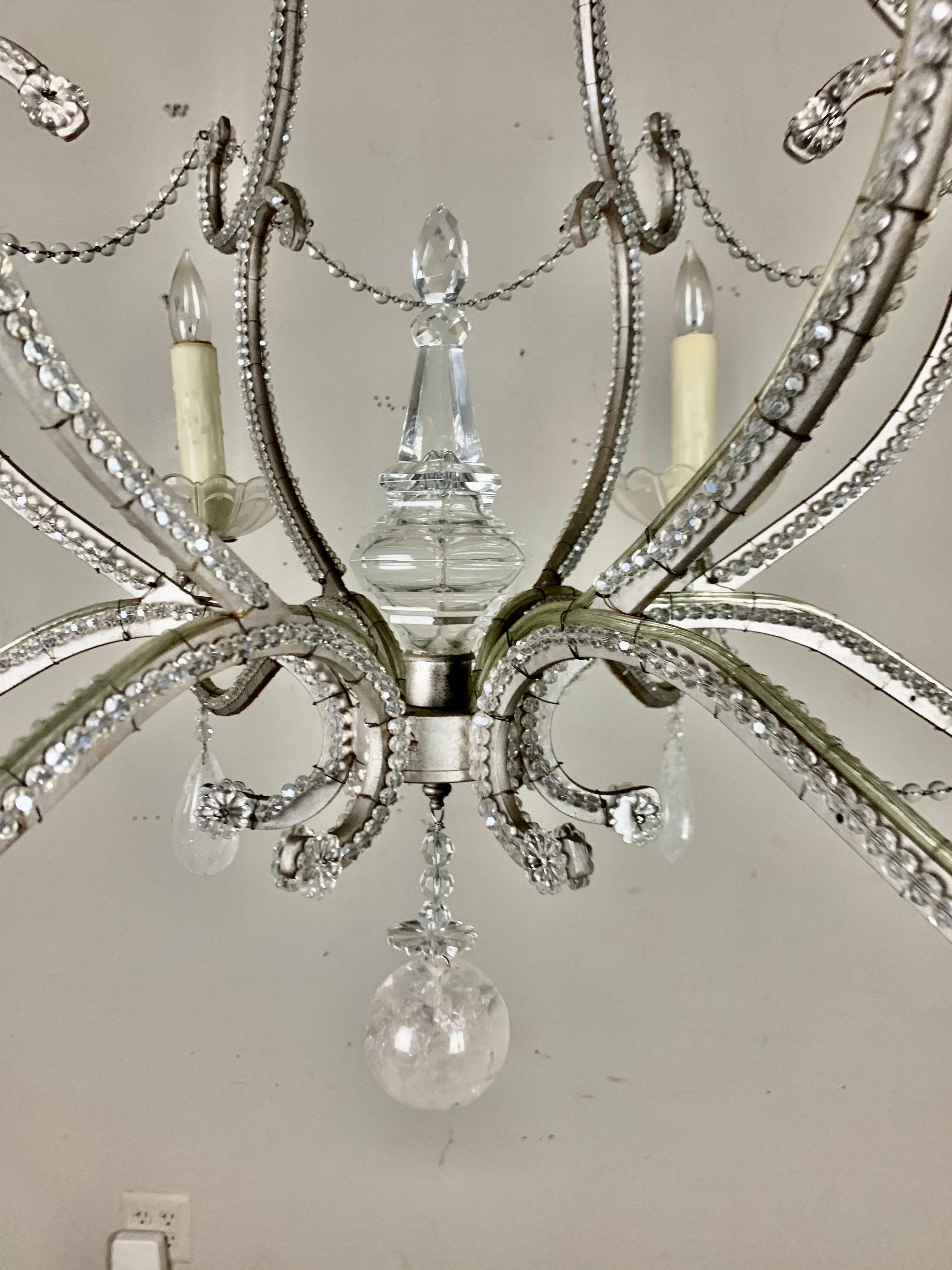 Six Light Rock Crystal Beaded Silvered Metal Chandelier In Excellent Condition In Los Angeles, CA