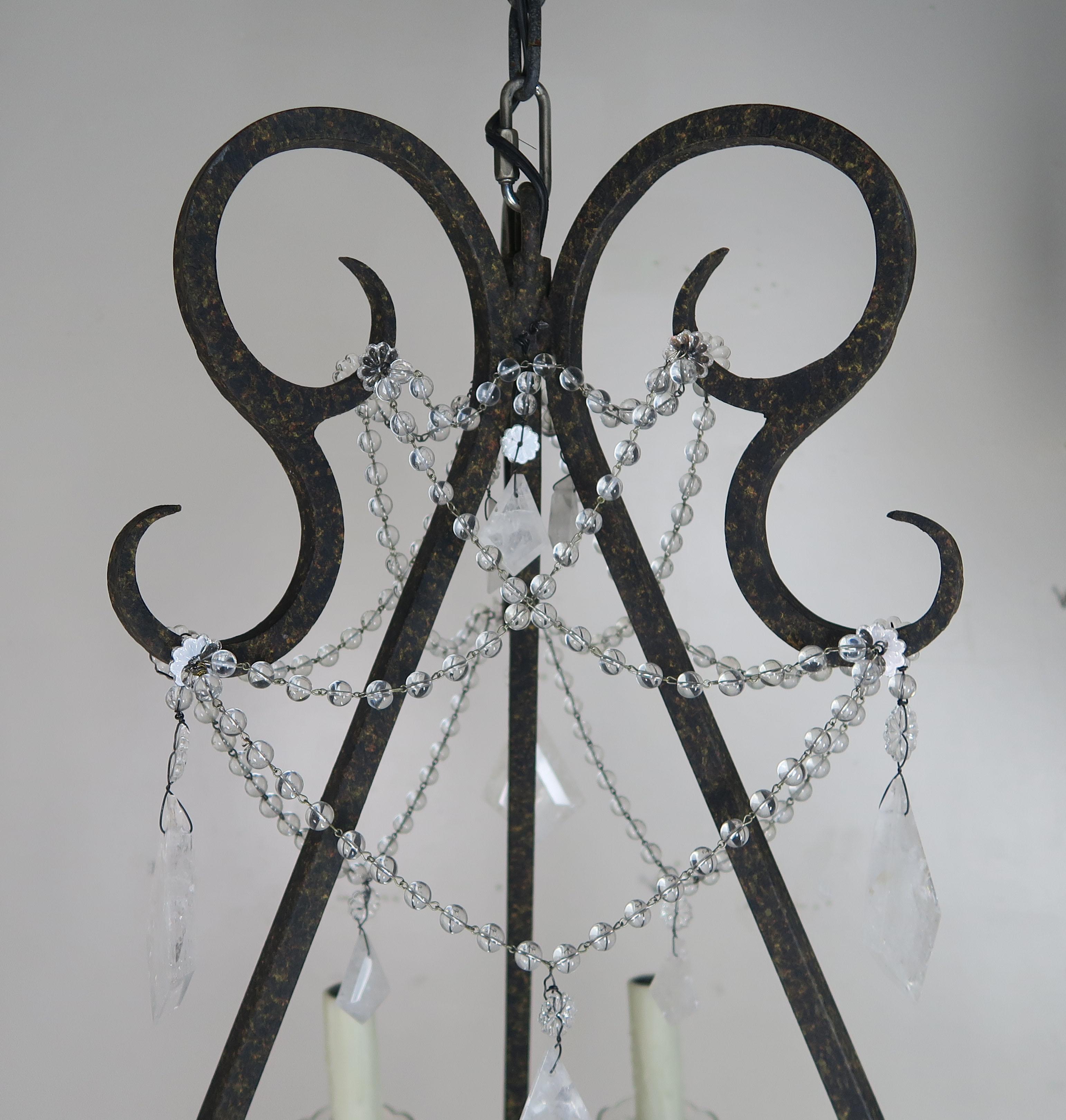 Six-Light Rock Crystal Wrought Iron Chandelier For Sale 1