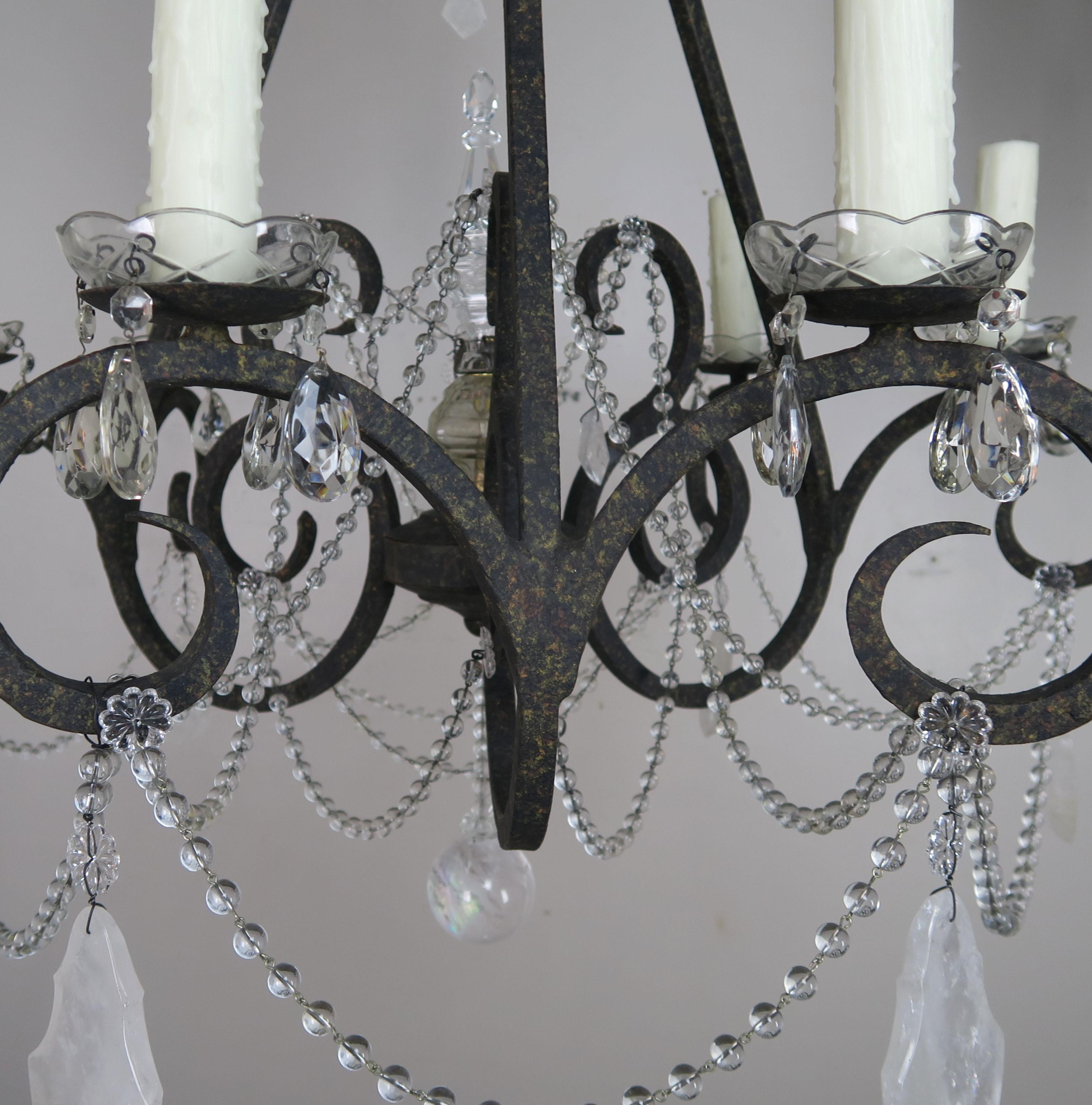 Six-Light Rock Crystal Wrought Iron Chandelier For Sale 2