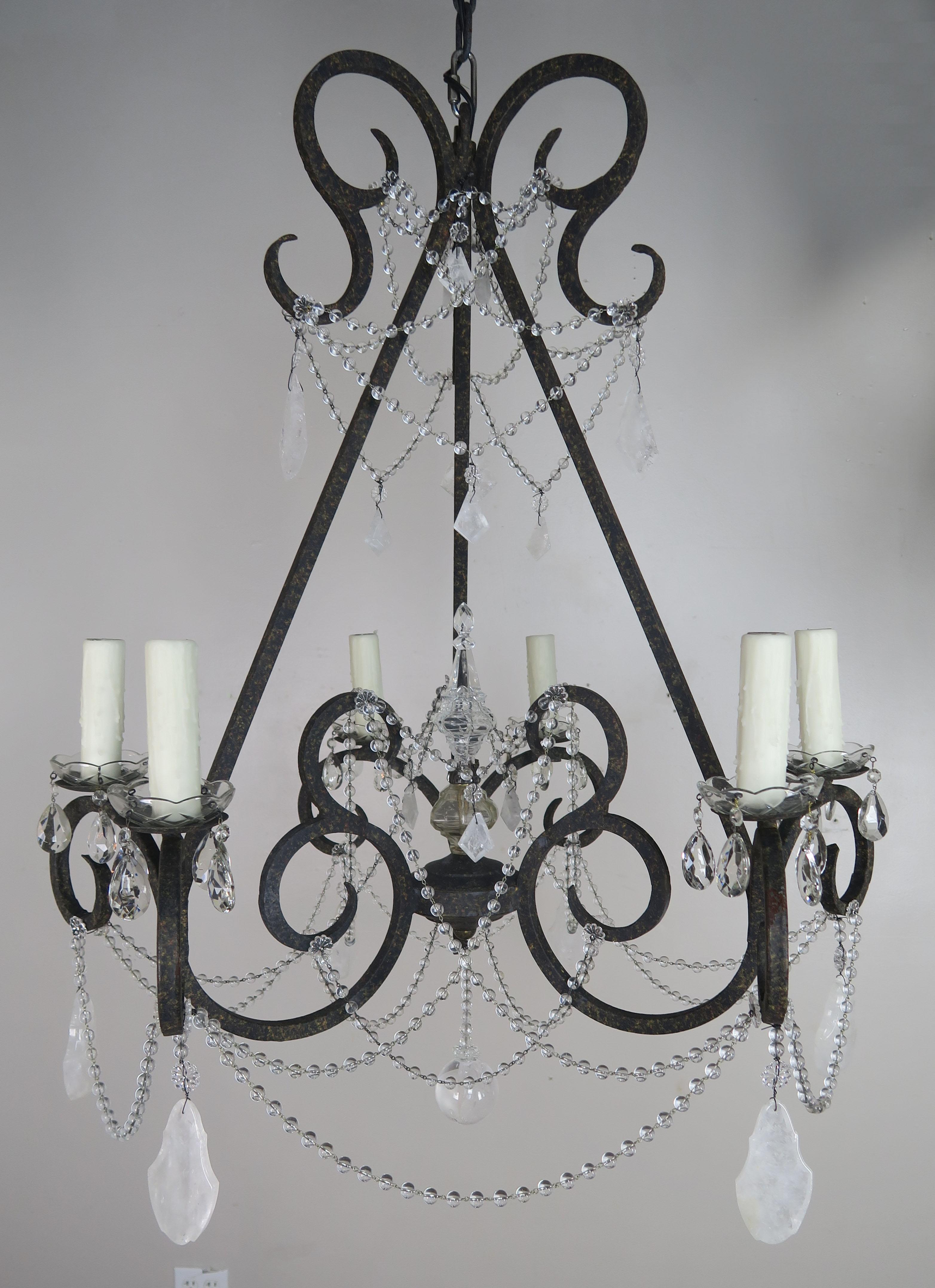 Six-Light Rock Crystal Wrought Iron Chandelier For Sale 3