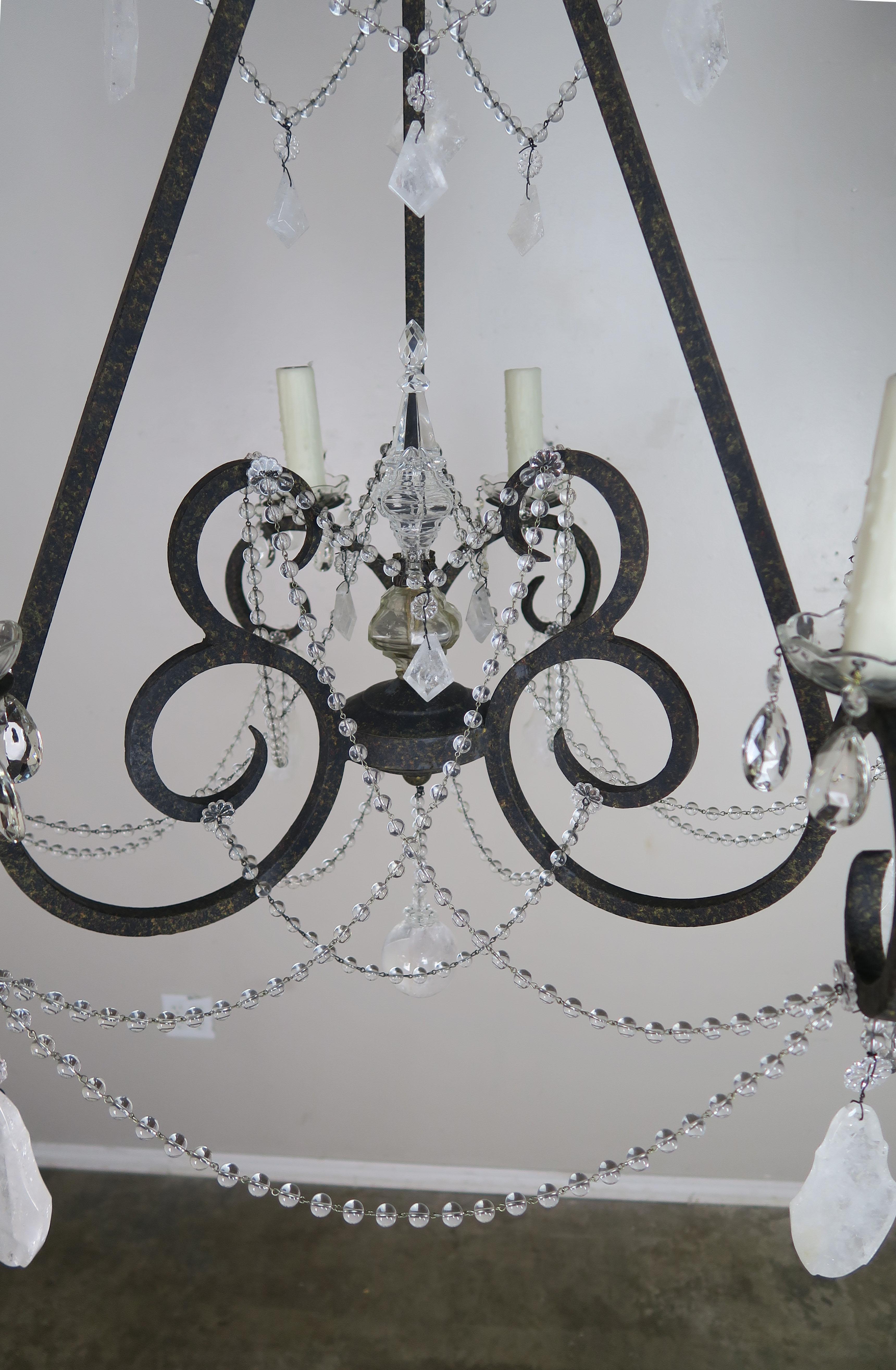 Six-Light Rock Crystal Wrought Iron Chandelier In Excellent Condition For Sale In Los Angeles, CA