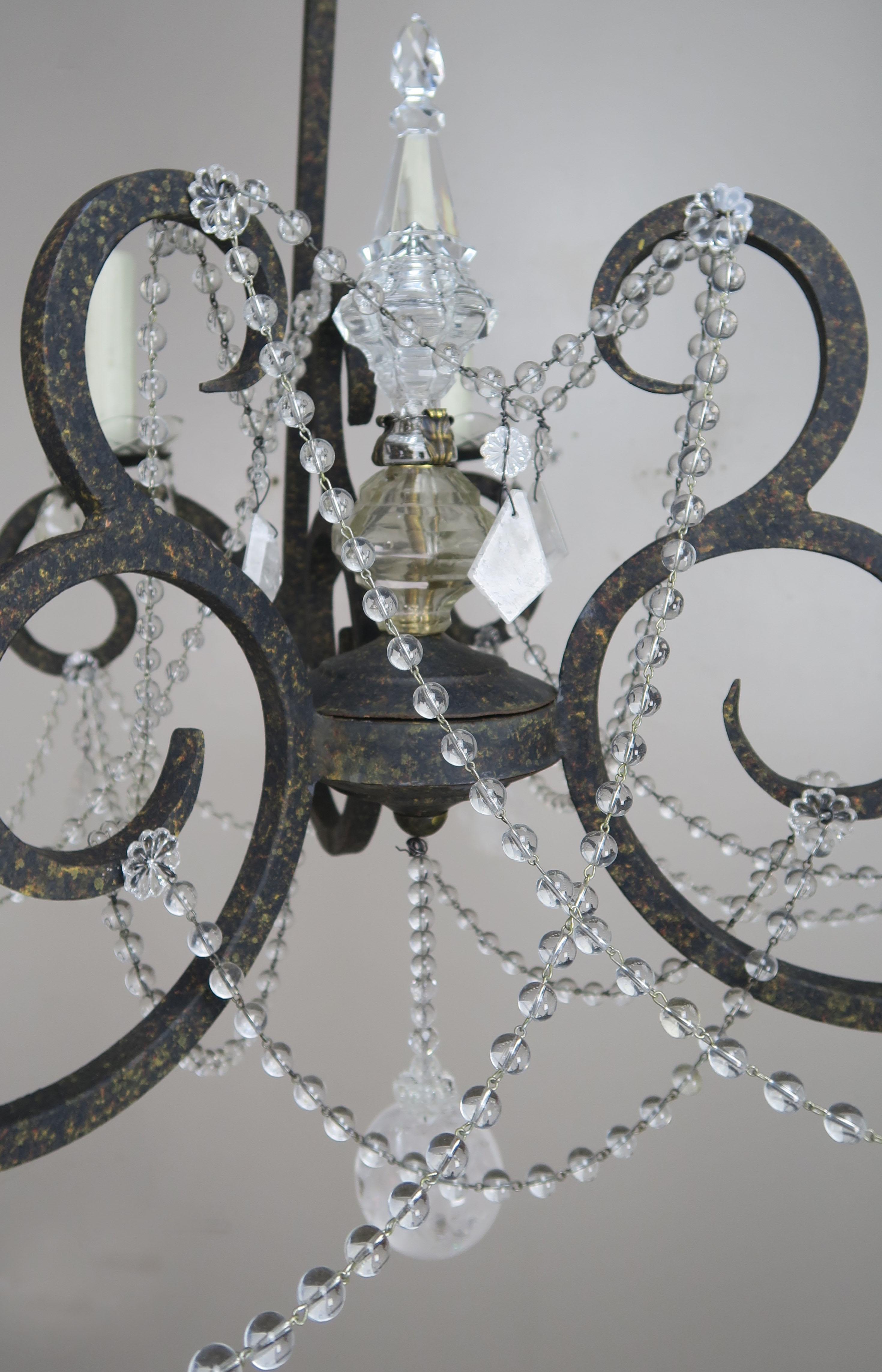 20th Century Six-Light Rock Crystal Wrought Iron Chandelier For Sale