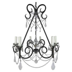 Six-Light Rock Crystal Wrought Iron Chandelier