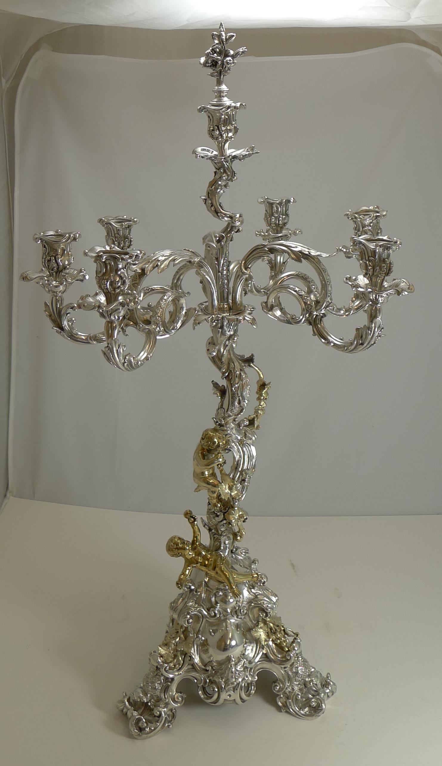 Mid-19th Century Six-Light Silver Plated Candelabra / Centrepiece by Elkington, 1868, Cherubs For Sale