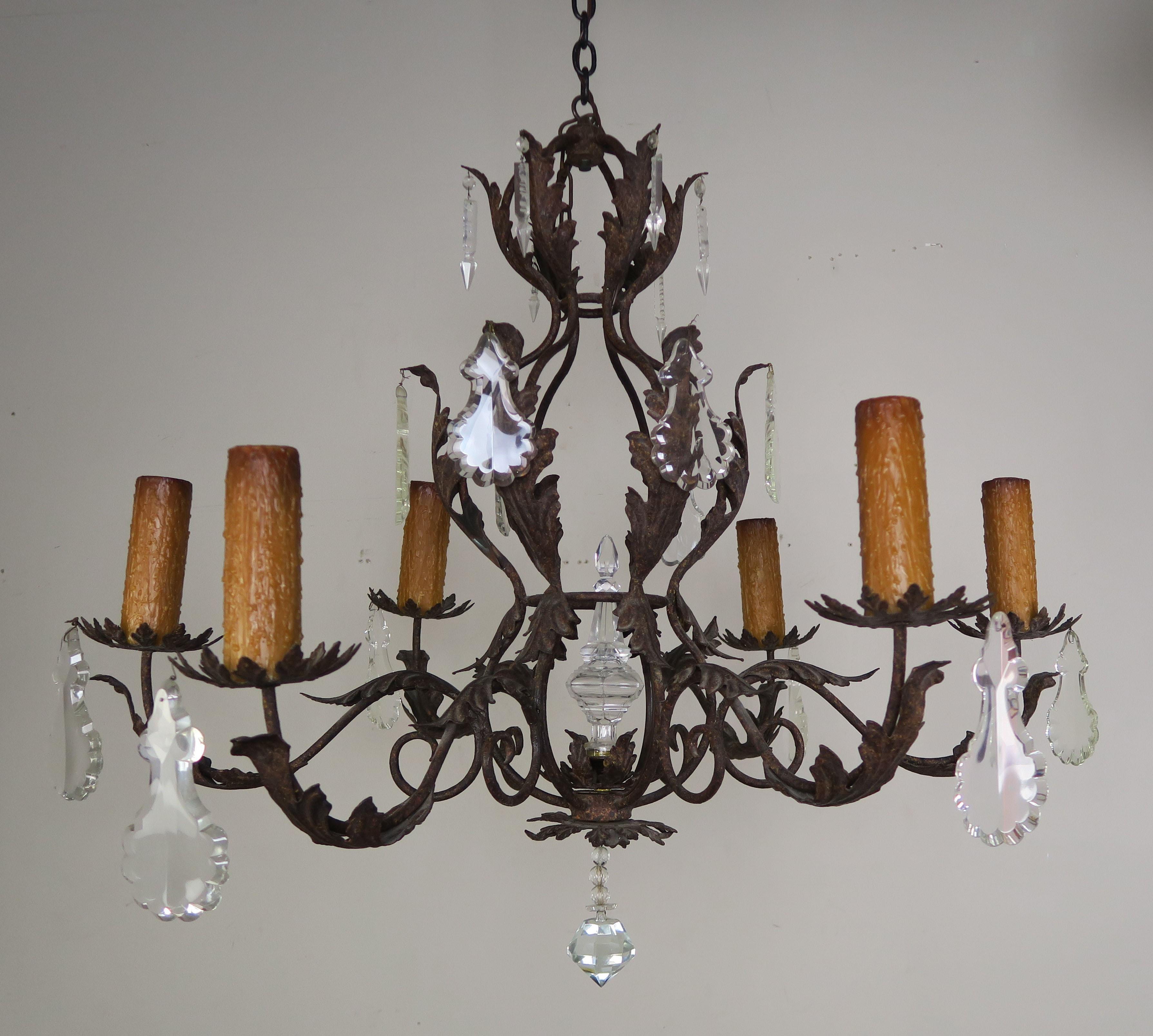 Six Light Spanish Style Wrought Iron Chandelier with Crystal Drops 4
