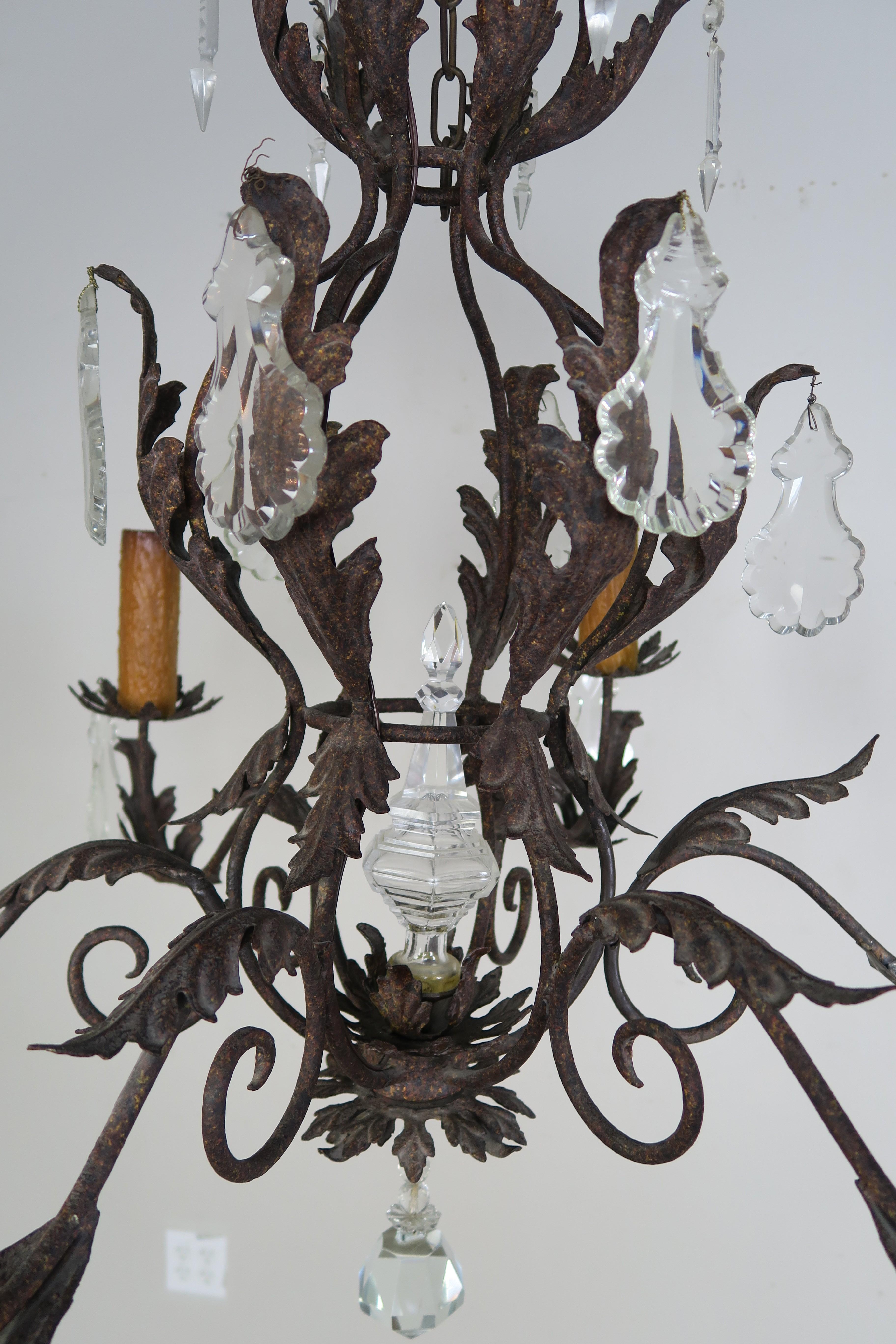 Six Light Spanish Style Wrought Iron Chandelier with Crystal Drops In Distressed Condition In Los Angeles, CA