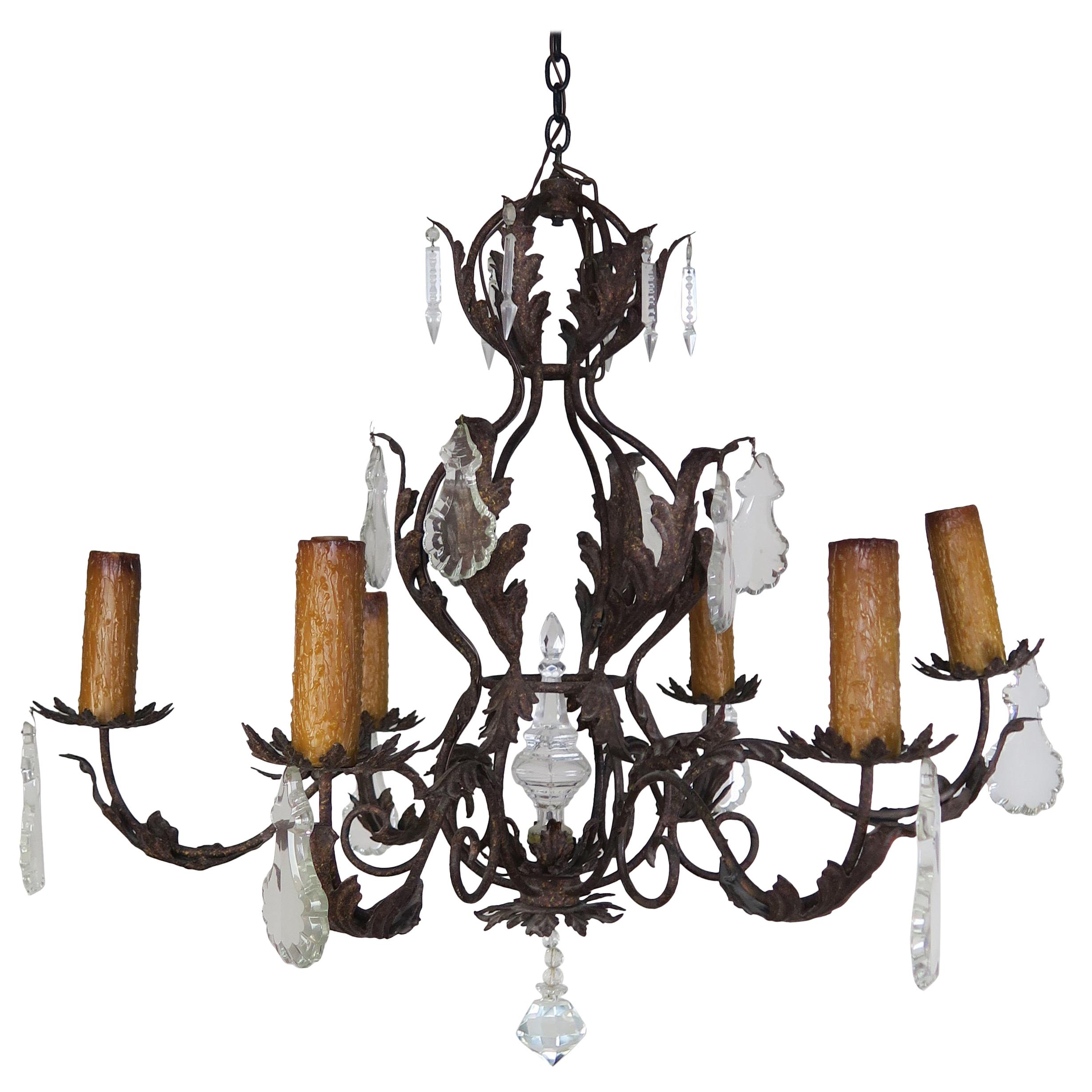 Six Light Spanish Style Wrought Iron Chandelier with Crystal Drops