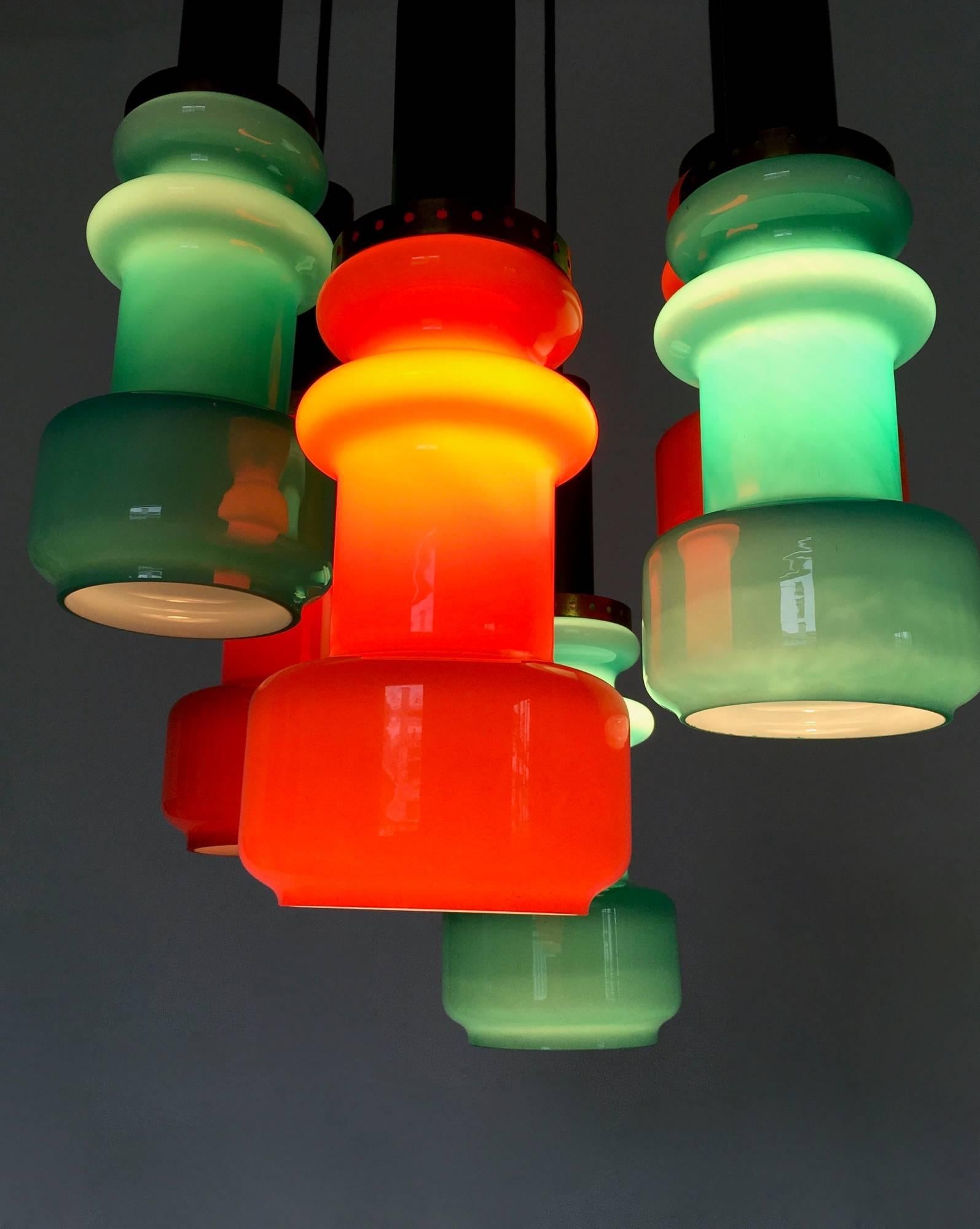Six-Light Teal and Orange Chandelier by Stilnovo, Italy, 1960s In Excellent Condition In Bresso, Lombardy