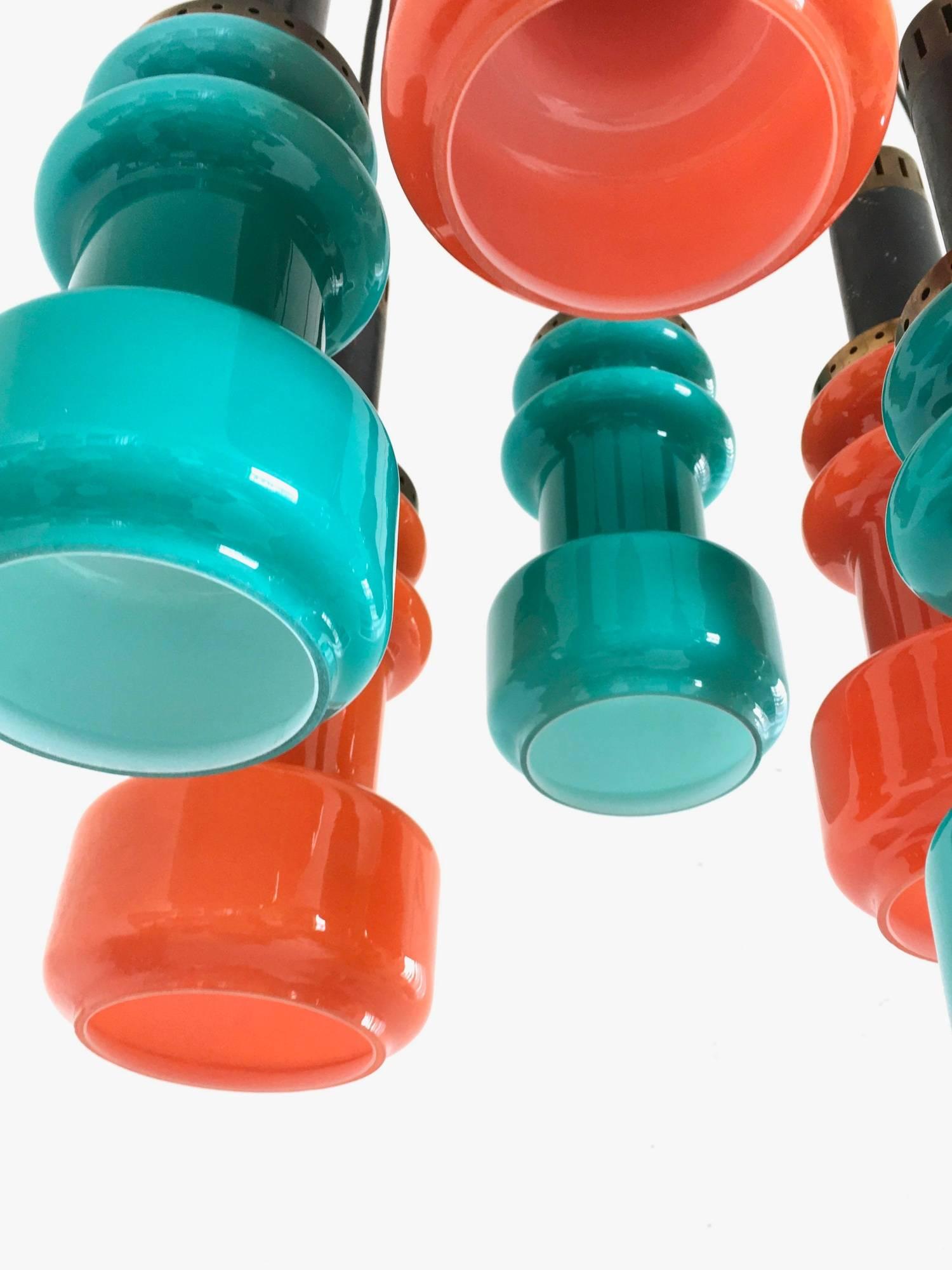 Mid-20th Century Six-Light Teal and Orange Chandelier by Stilnovo, Italy, 1960s