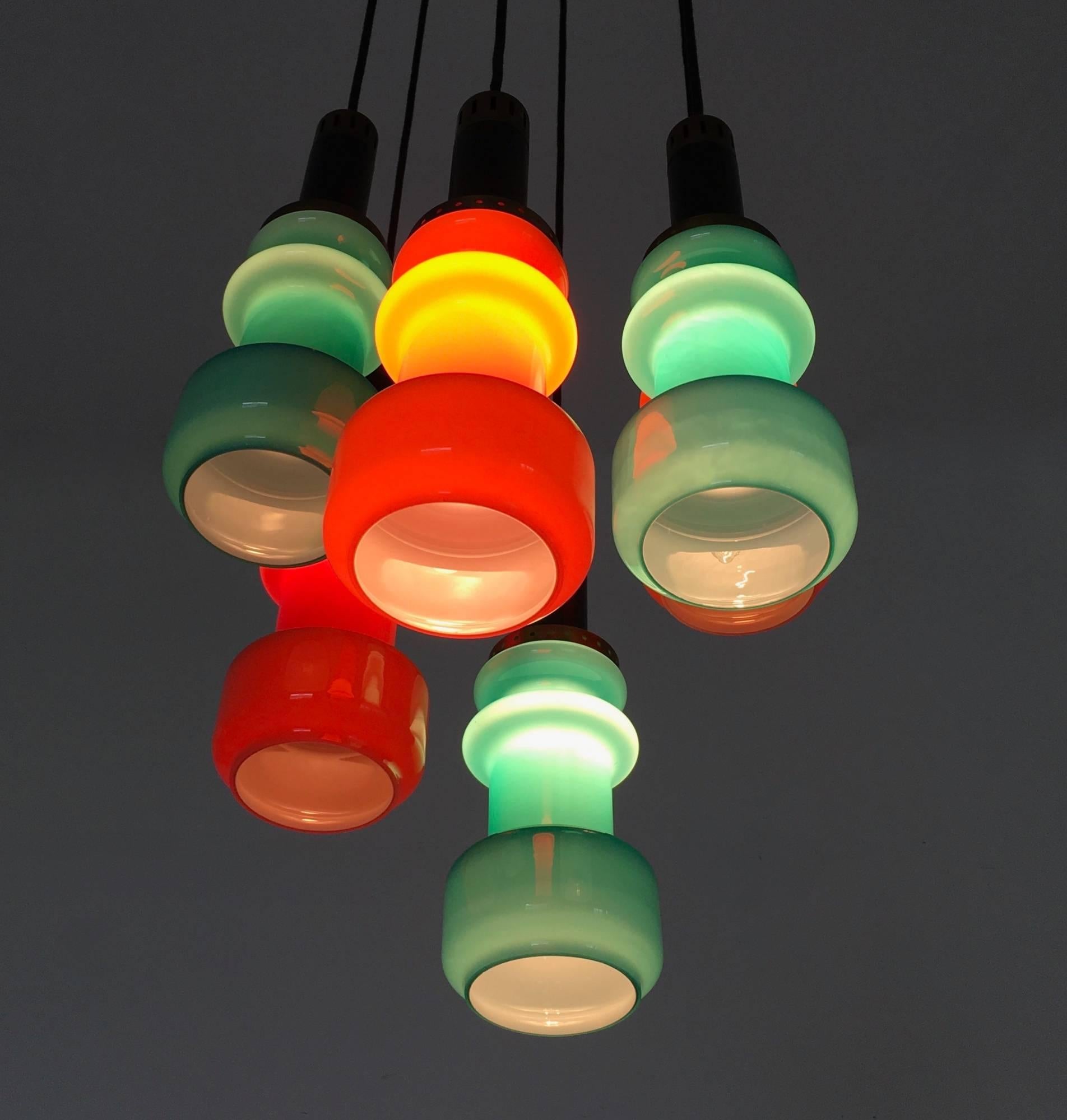 Metal Six-Light Teal and Orange Chandelier by Stilnovo, Italy, 1960s