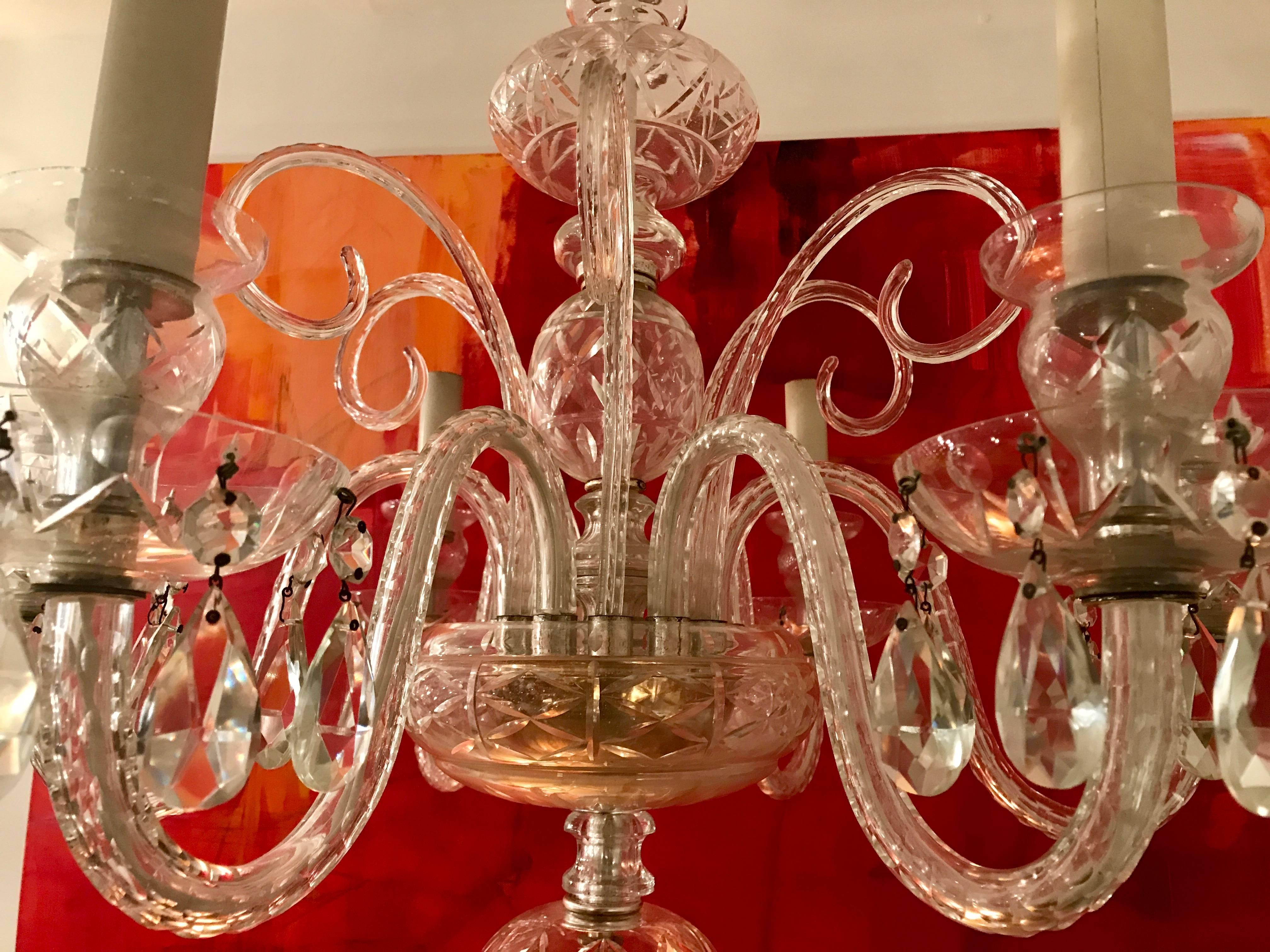 Beautiful six-light Venetian glass chandelier, hand blown decorative stems, early 20th century, Italy.