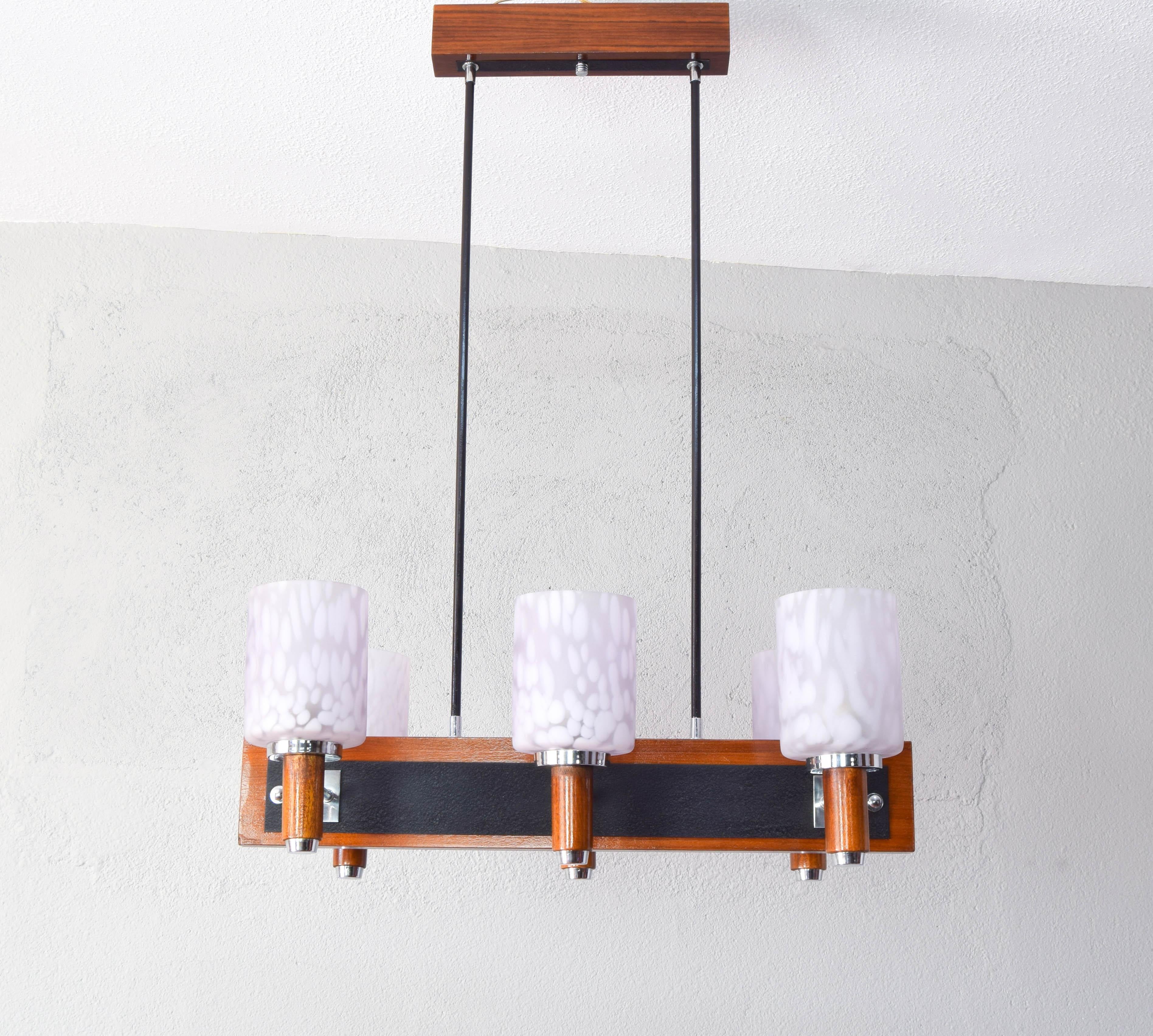 Mid-20th Century Six Lights Danish Teak and Murano Scandinavian Modern Chandelier 60s