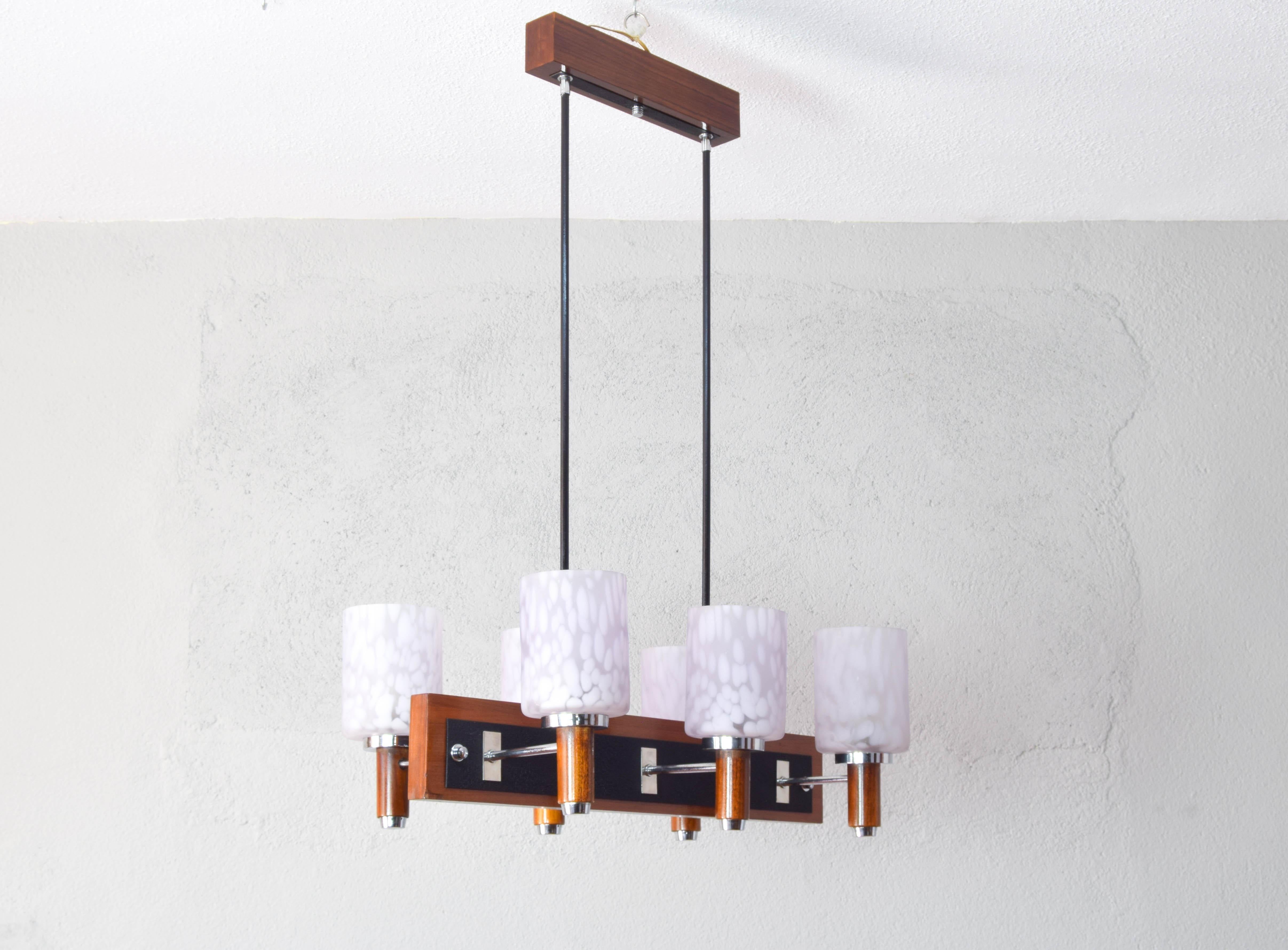 Steel Six Lights Danish Teak and Murano Scandinavian Modern Chandelier 60s