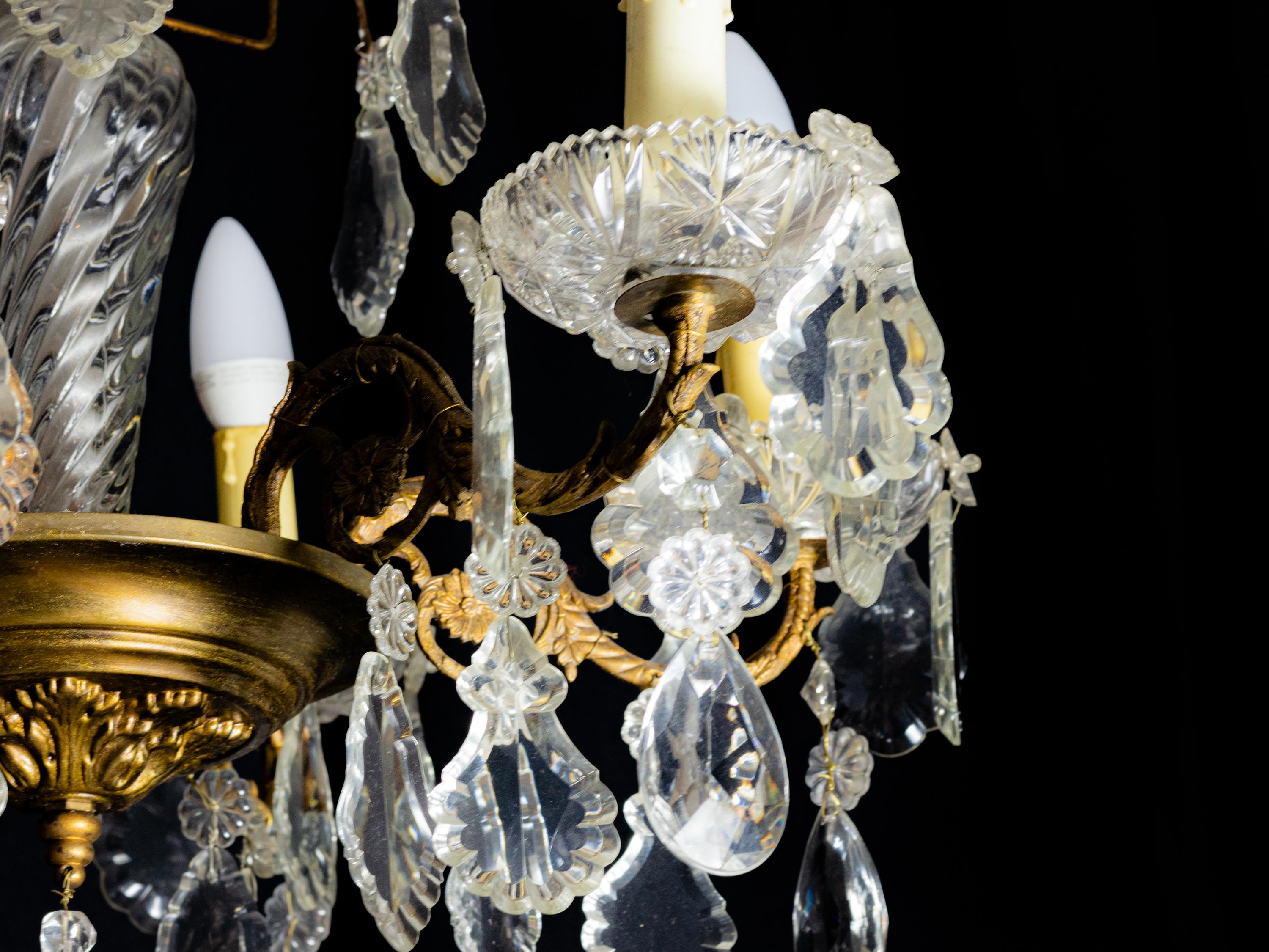 Brass Six Lights Louis XV Style Crystal Chandelier For Sale