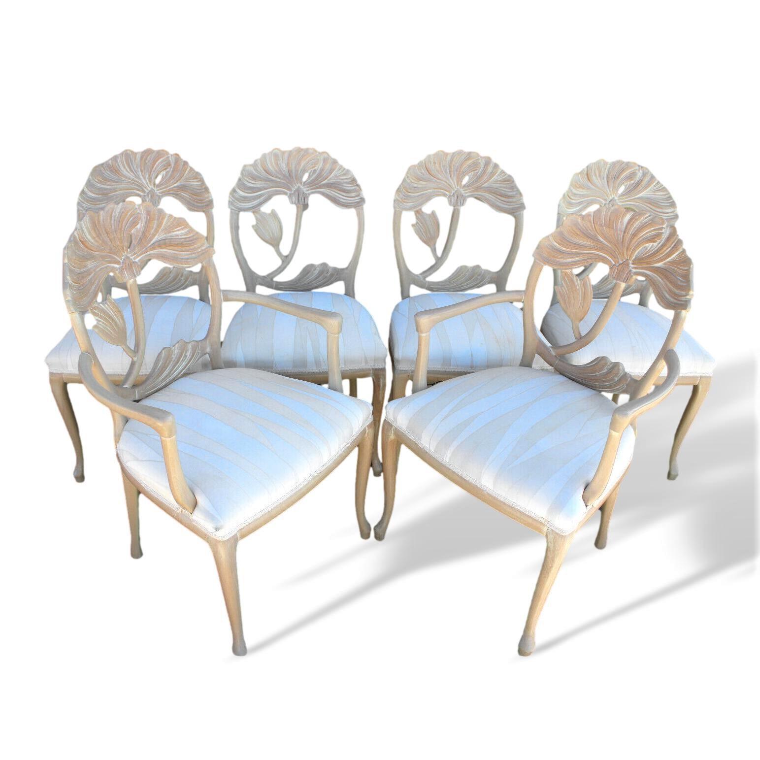 Six Lime Wash Floral Carved Dining Chairs in the Manner of Phyllis Morris 8