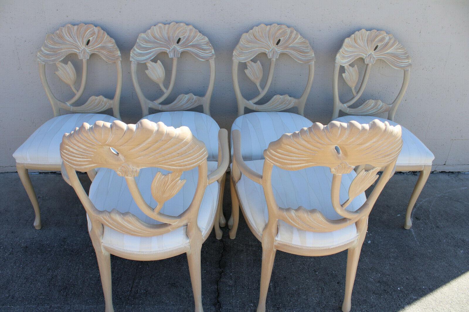 American Six Lime Wash Floral Carved Dining Chairs in the Manner of Phyllis Morris