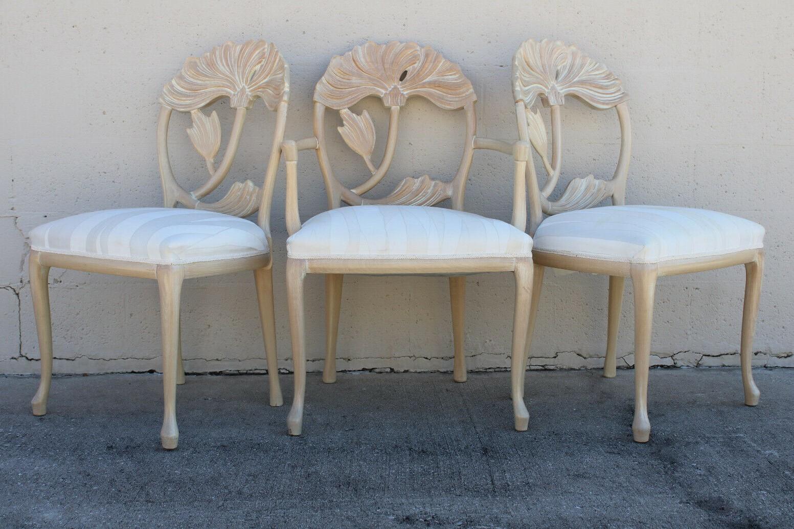 Late 20th Century Six Lime Wash Floral Carved Dining Chairs in the Manner of Phyllis Morris