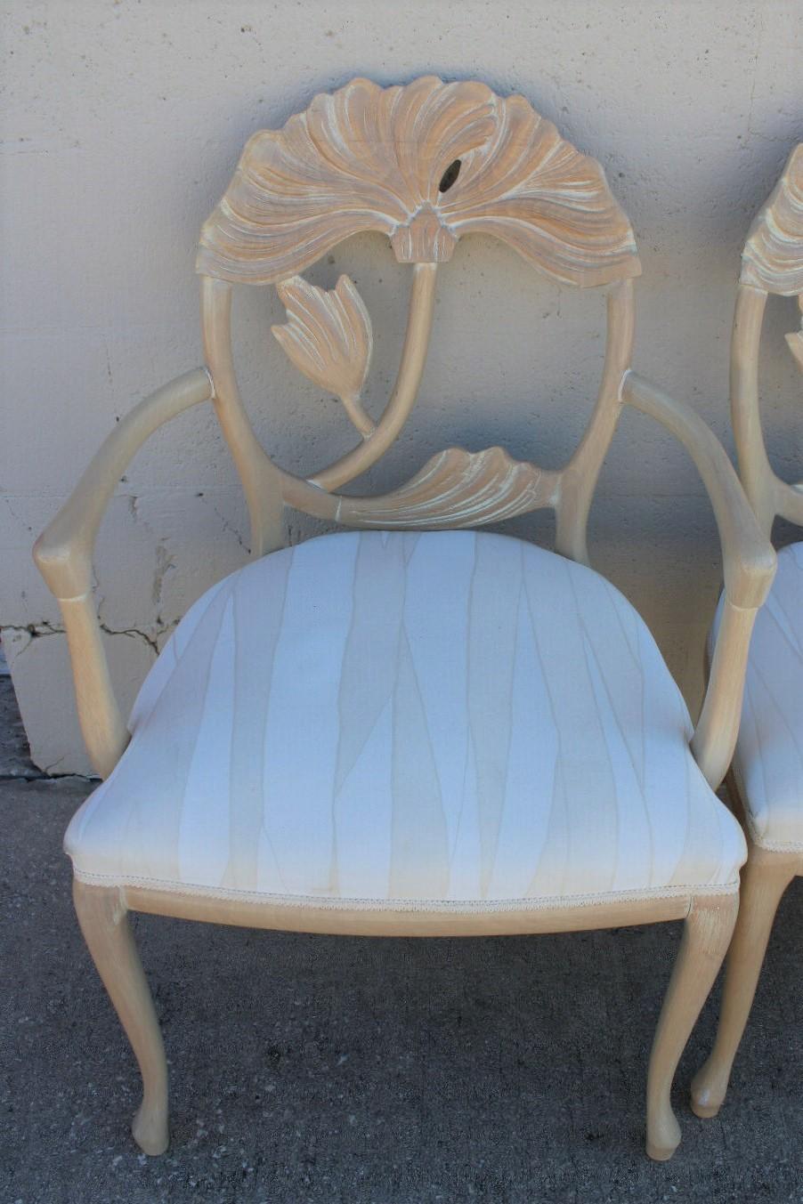 Upholstery Six Lime Wash Floral Carved Dining Chairs in the Manner of Phyllis Morris