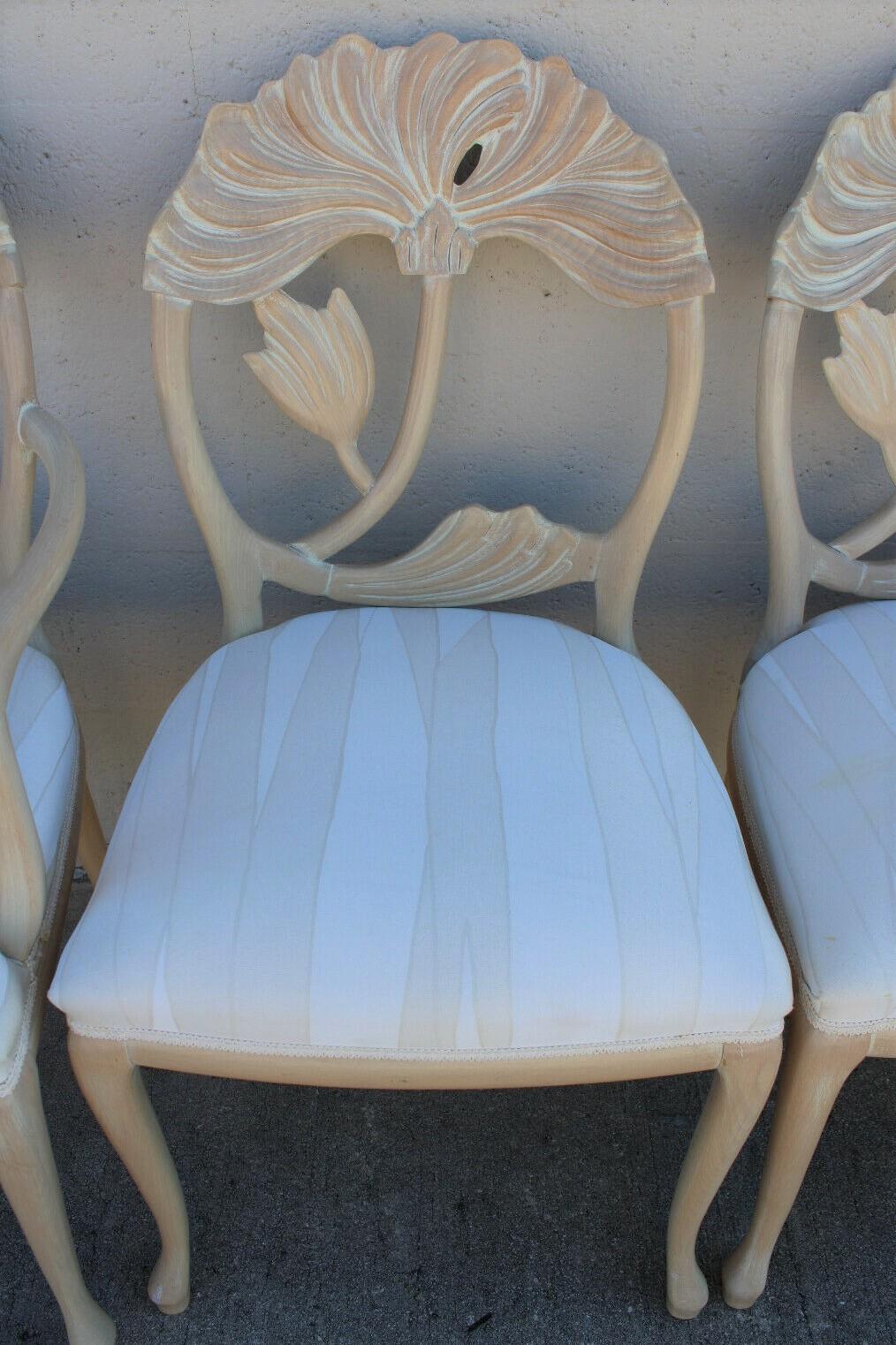 Six Lime Wash Floral Carved Dining Chairs in the Manner of Phyllis Morris 1