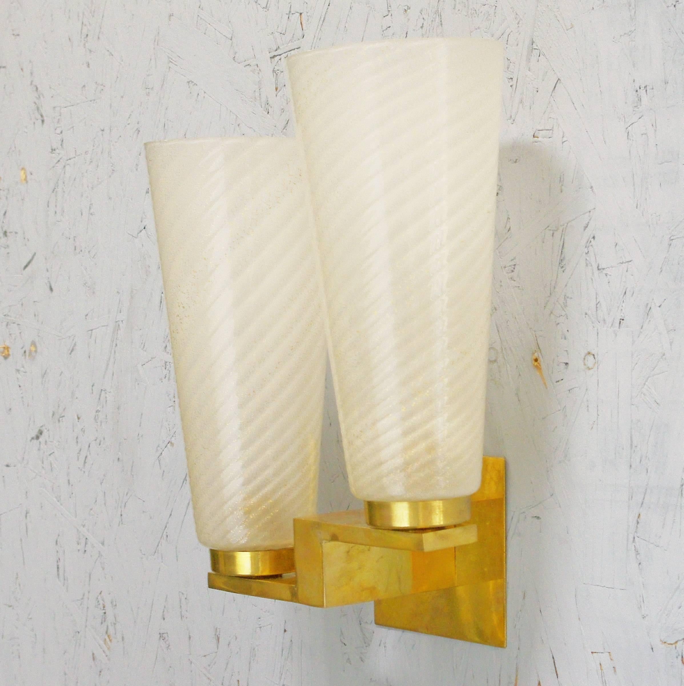 limited edition Italian sconce with cylinder-shaped hand blown frosted gold infused Murano glasses mounted on solid brass frames / Made in Italy / 1990s.