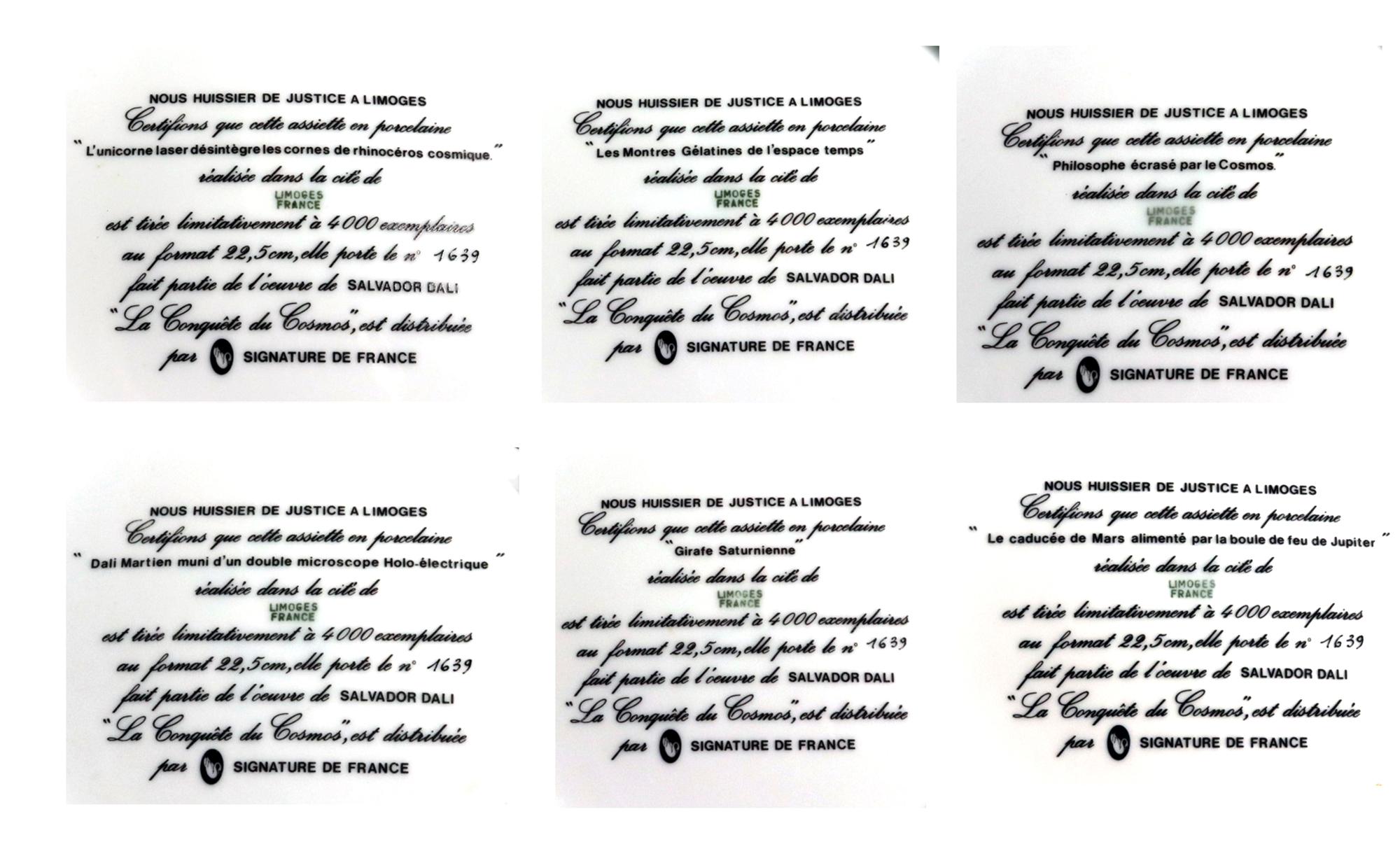 Six assiettes de cabinet en porcelaine de Limoges imprimées par transfert conçues par Salvador Dali en vente 3