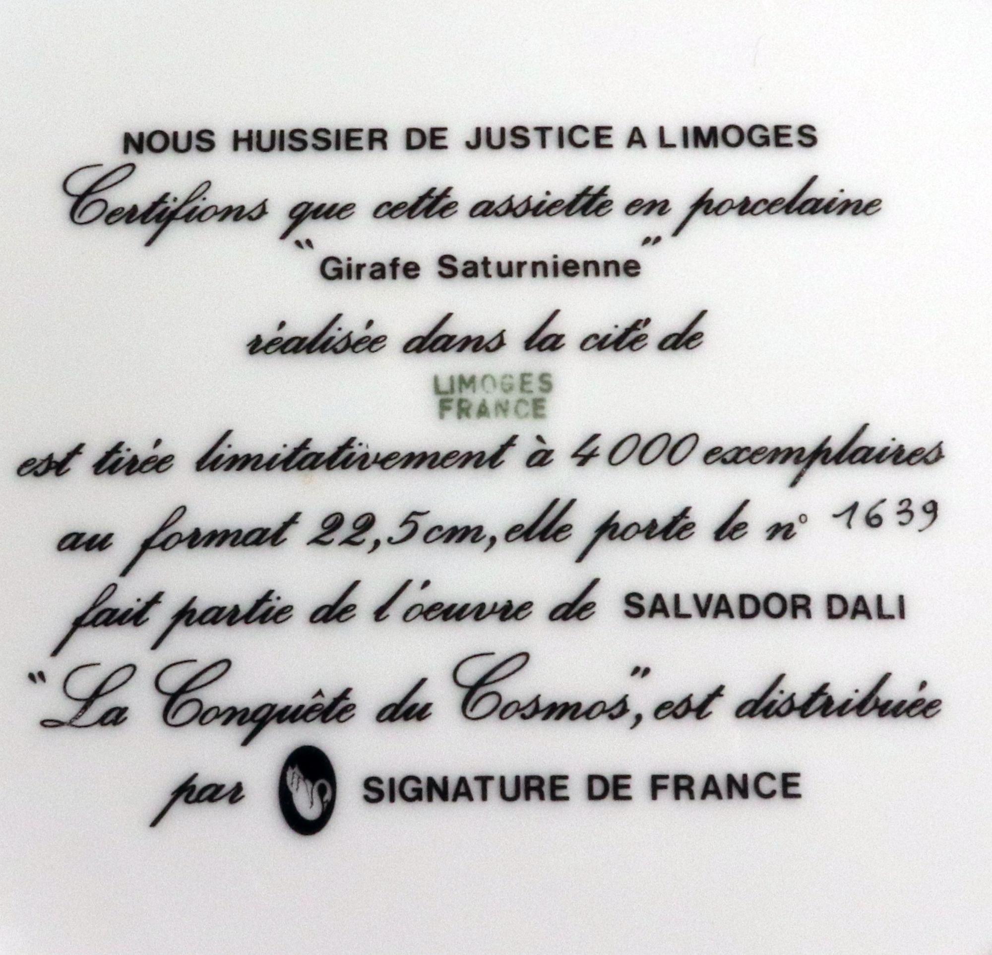 Six assiettes de cabinet en porcelaine de Limoges imprimées par transfert conçues par Salvador Dali en vente 6