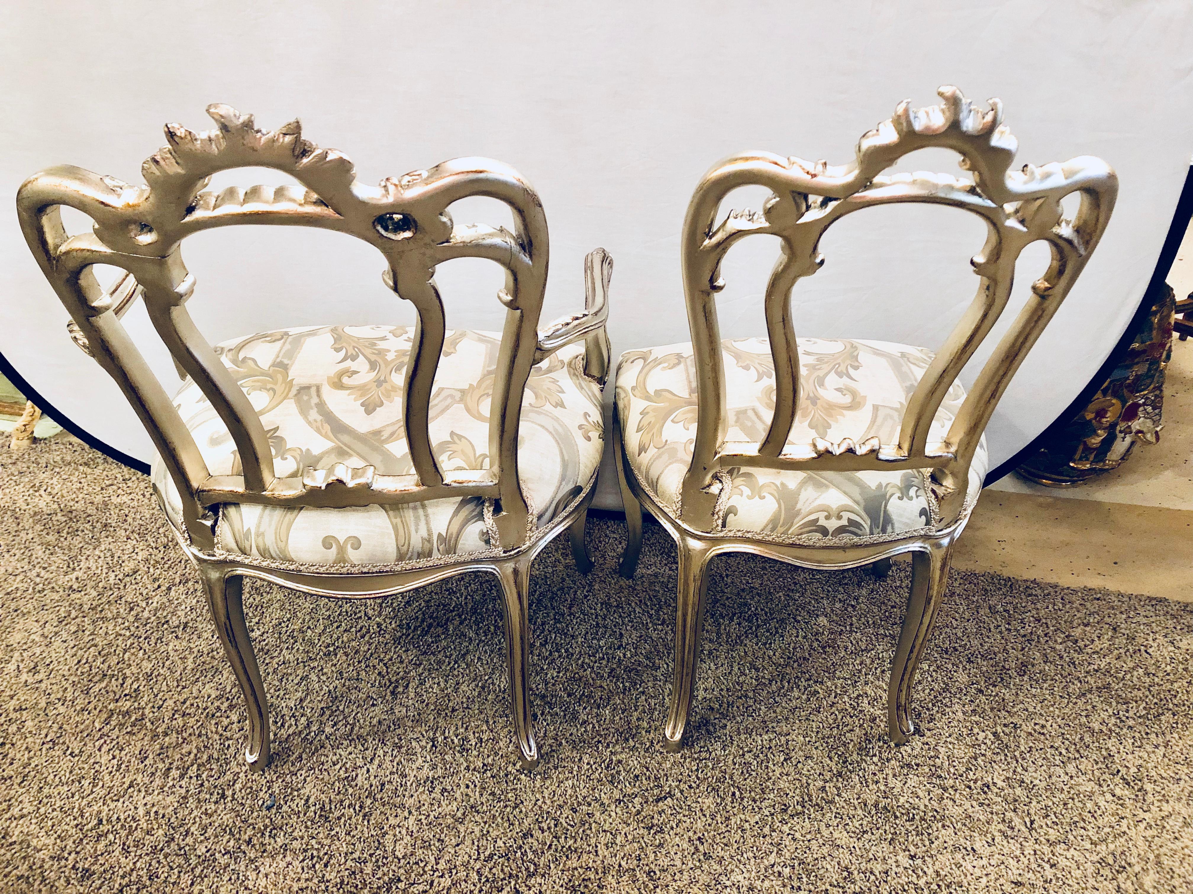 Six Louis XV Style Silver Gilt Recently Refinished and Upholstered Dining Chairs 7