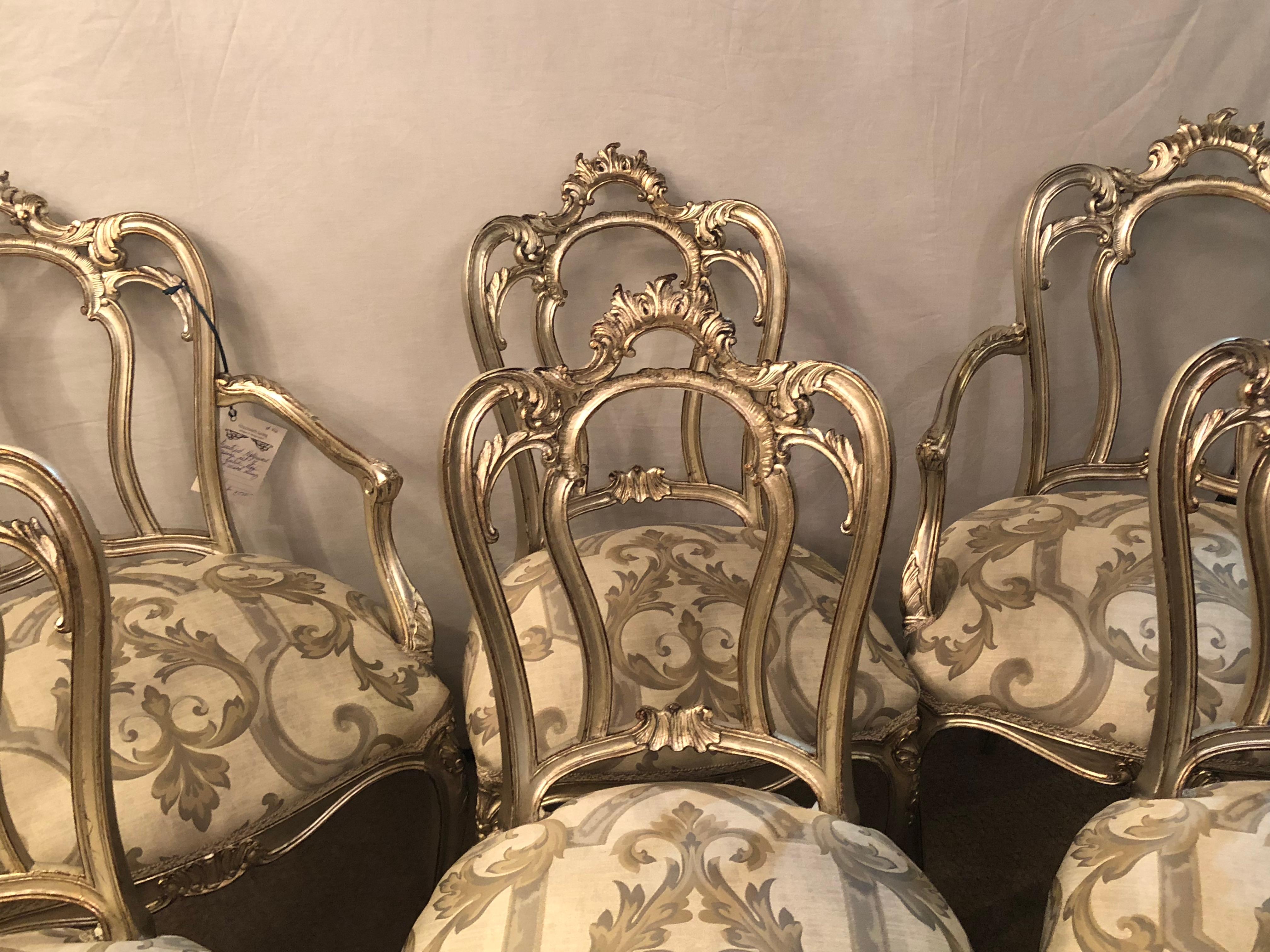 Six Louis XV Style Silver Gilt Recently Refinished and Upholstered Dining Chairs 10