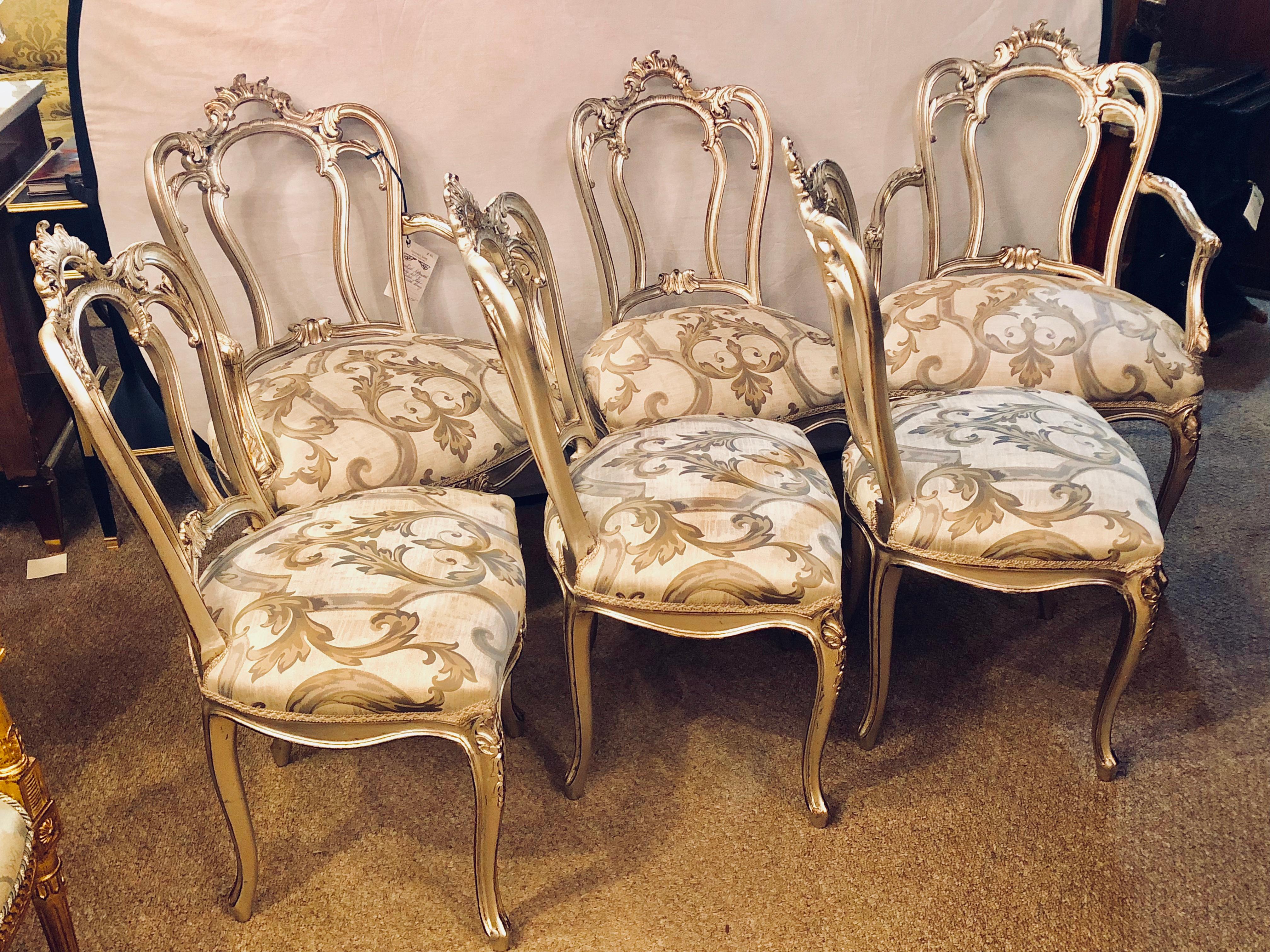 Six Louis XV Style Silver Gilt Recently Refinished and Upholstered Dining Chairs 12
