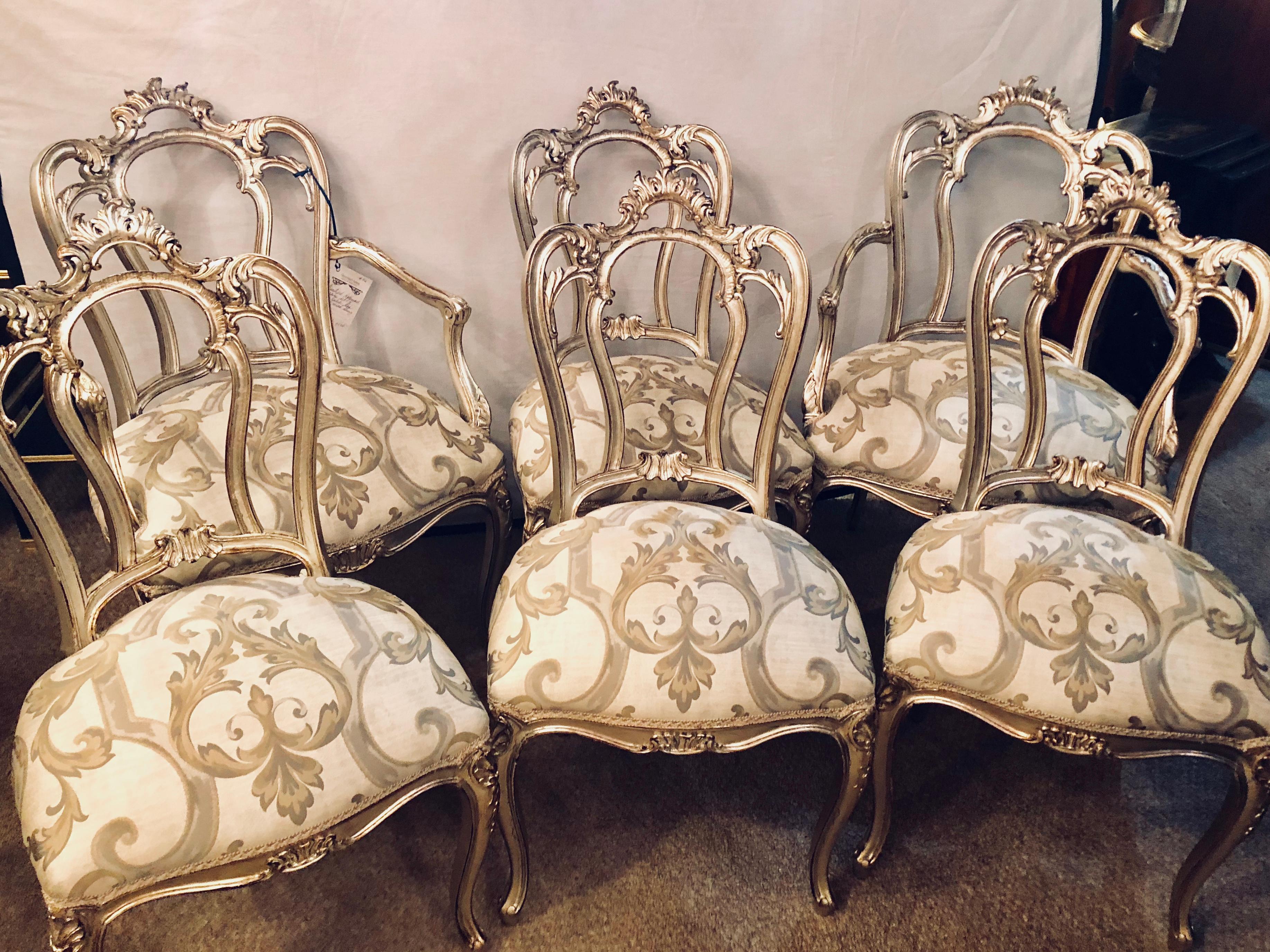 Hollywood Regency Six Louis XV Style Silver Gilt Recently Refinished and Upholstered Dining Chairs