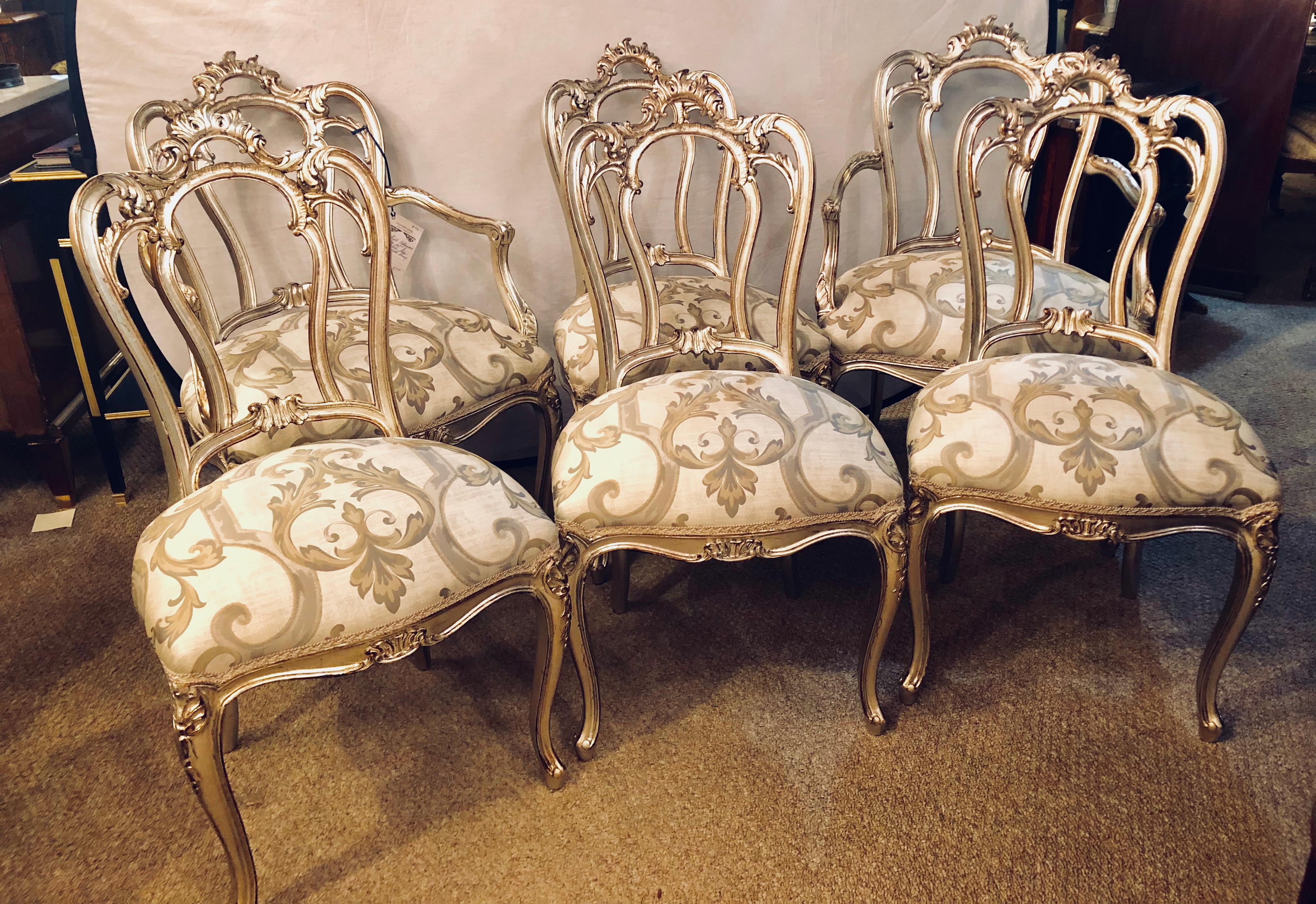 French Six Louis XV Style Silver Gilt Recently Refinished and Upholstered Dining Chairs