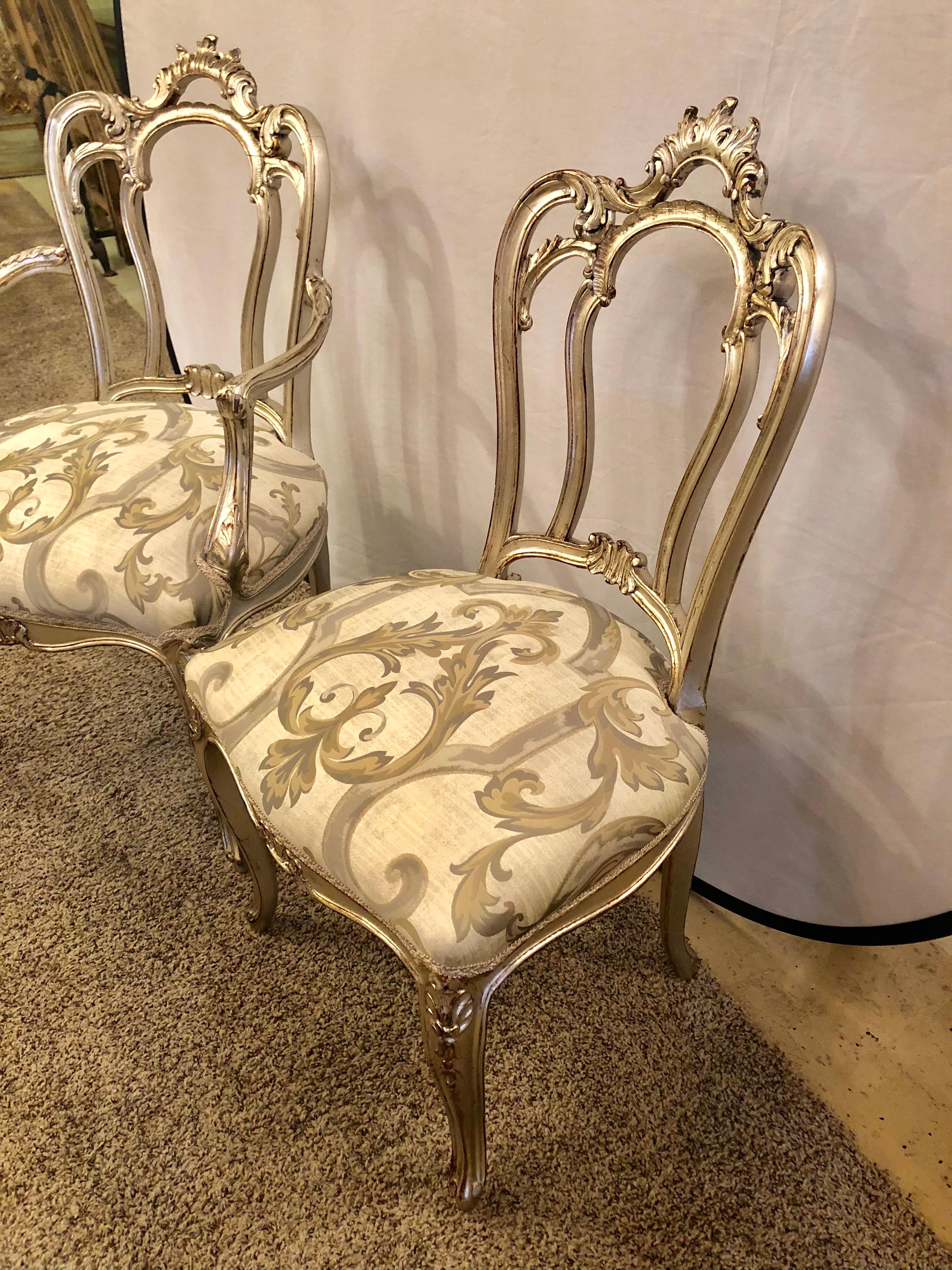 Six Louis XV Style Silver Gilt Recently Refinished and Upholstered Dining Chairs In Good Condition In Stamford, CT